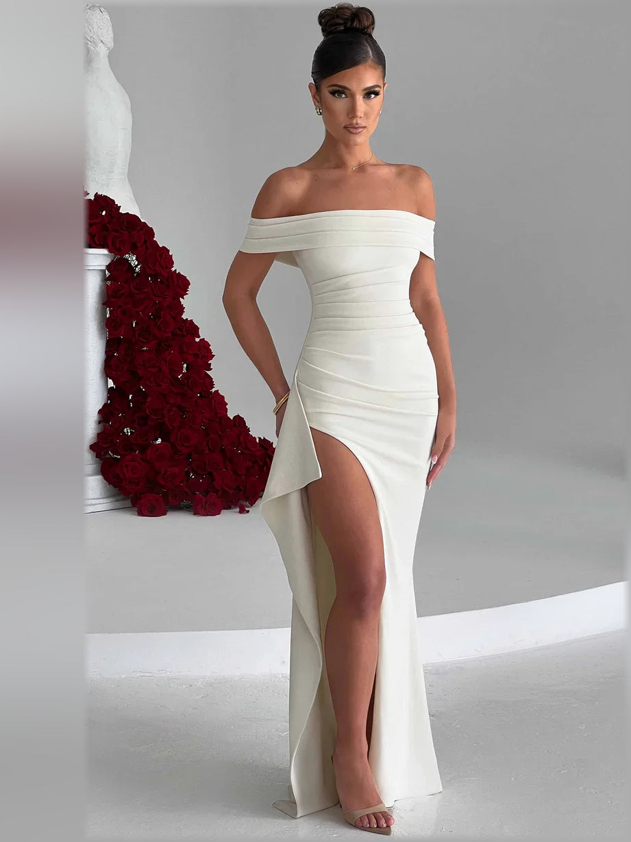Ivory mermaid floor-length formal dress with skirt slit, alternate view