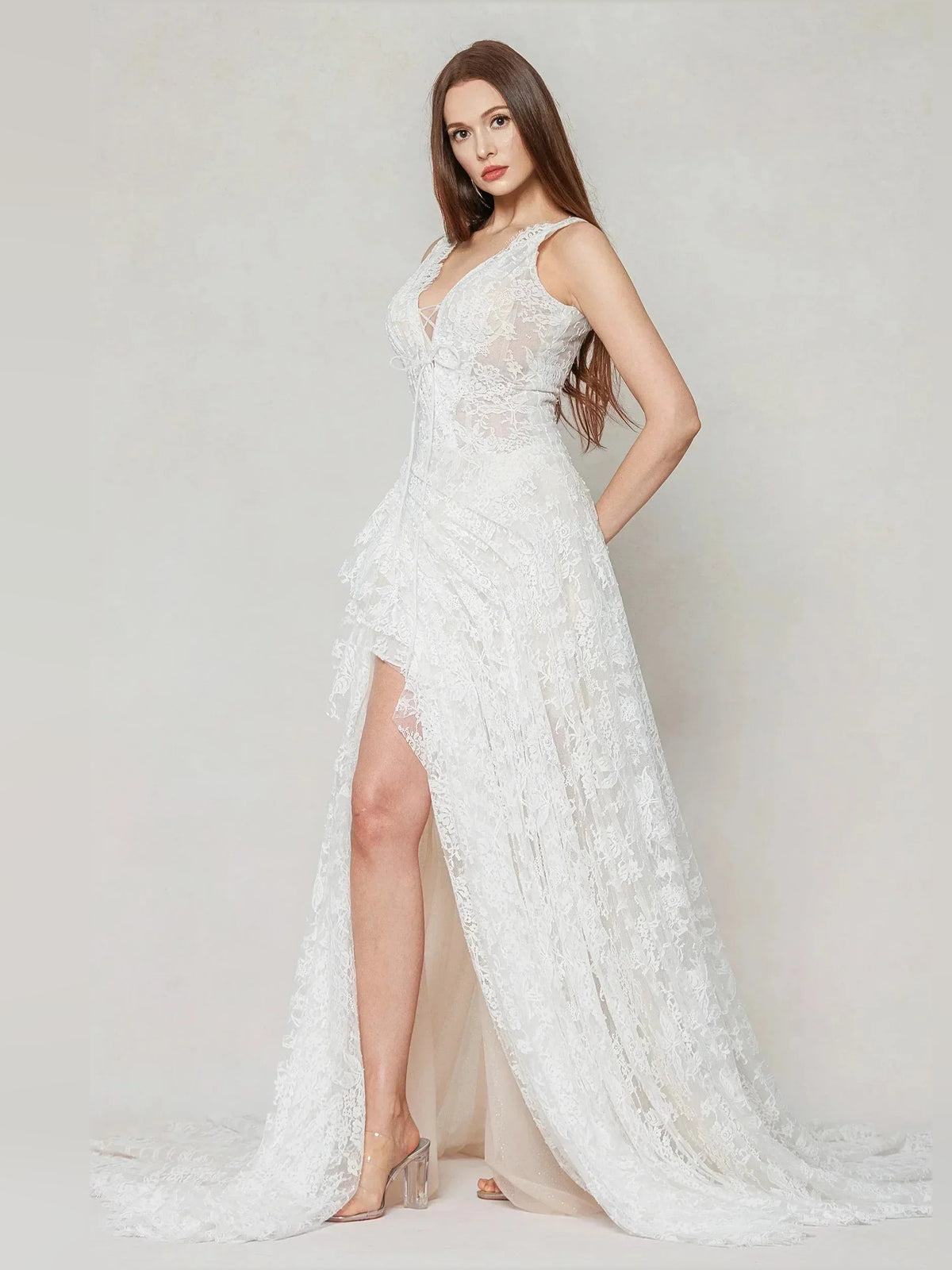 Ivory floor-length wedding dress, alternate view showing the full-length silhouette