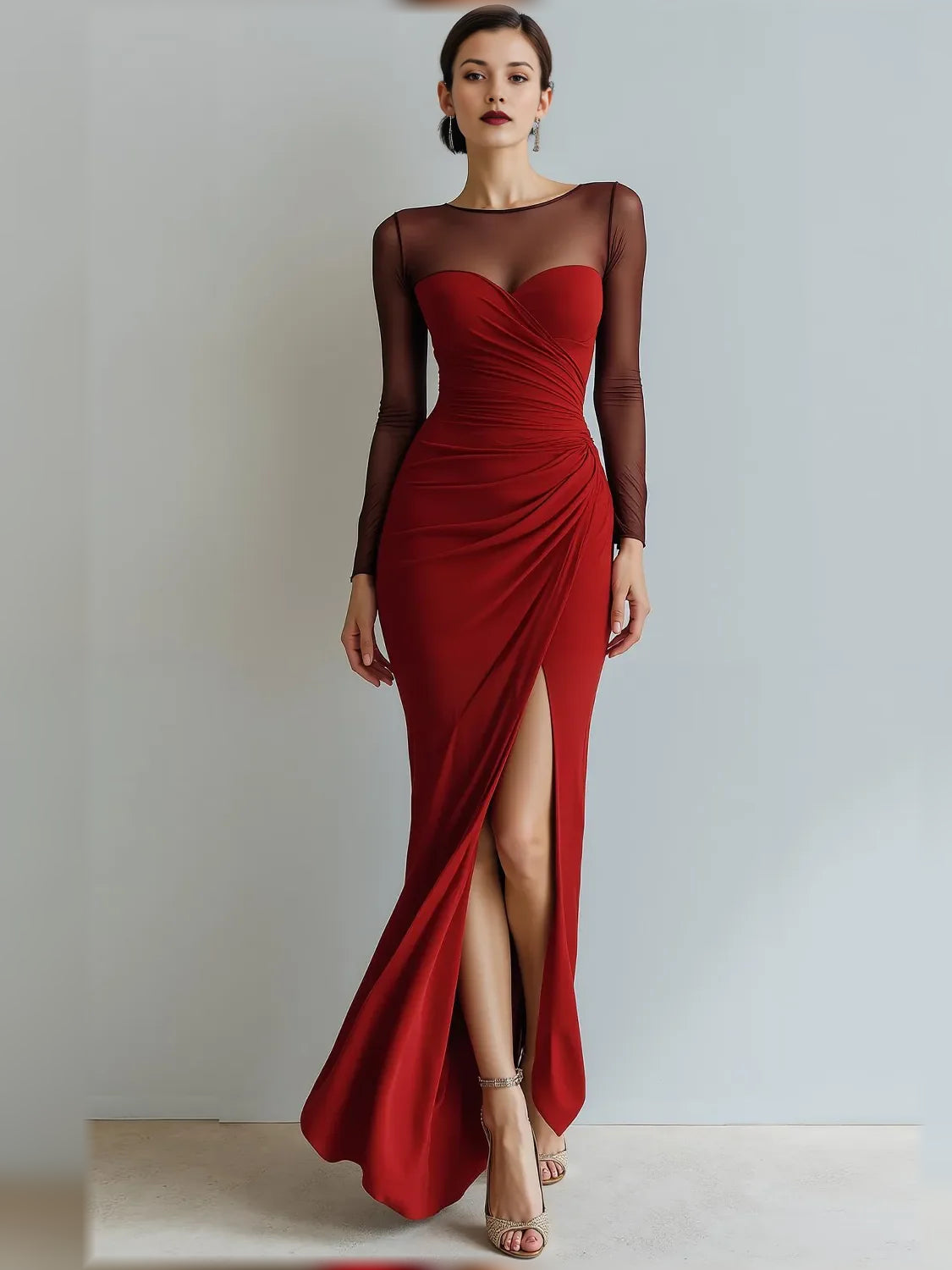Red sheath floor-length formal dress with ruching, alternate view