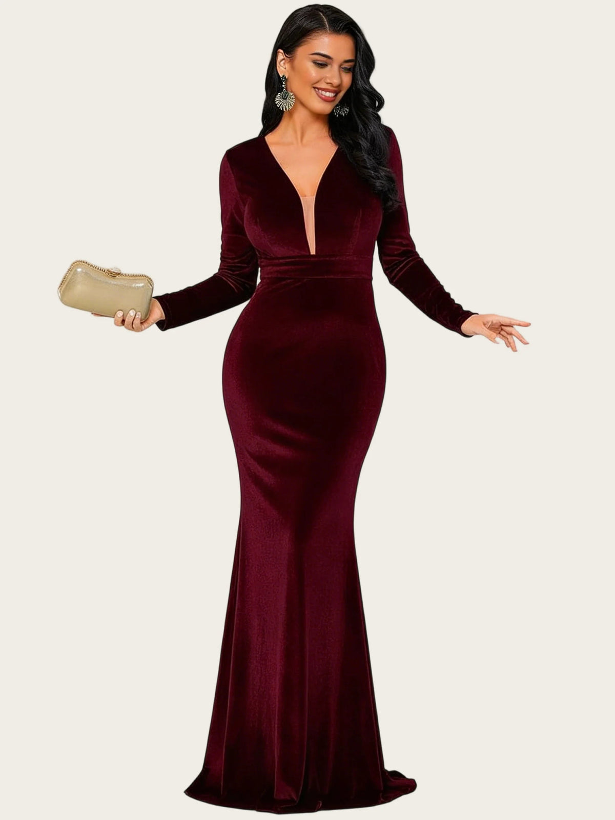 Burgundy mermaid maxi formal dress with V-neckline, alternate view