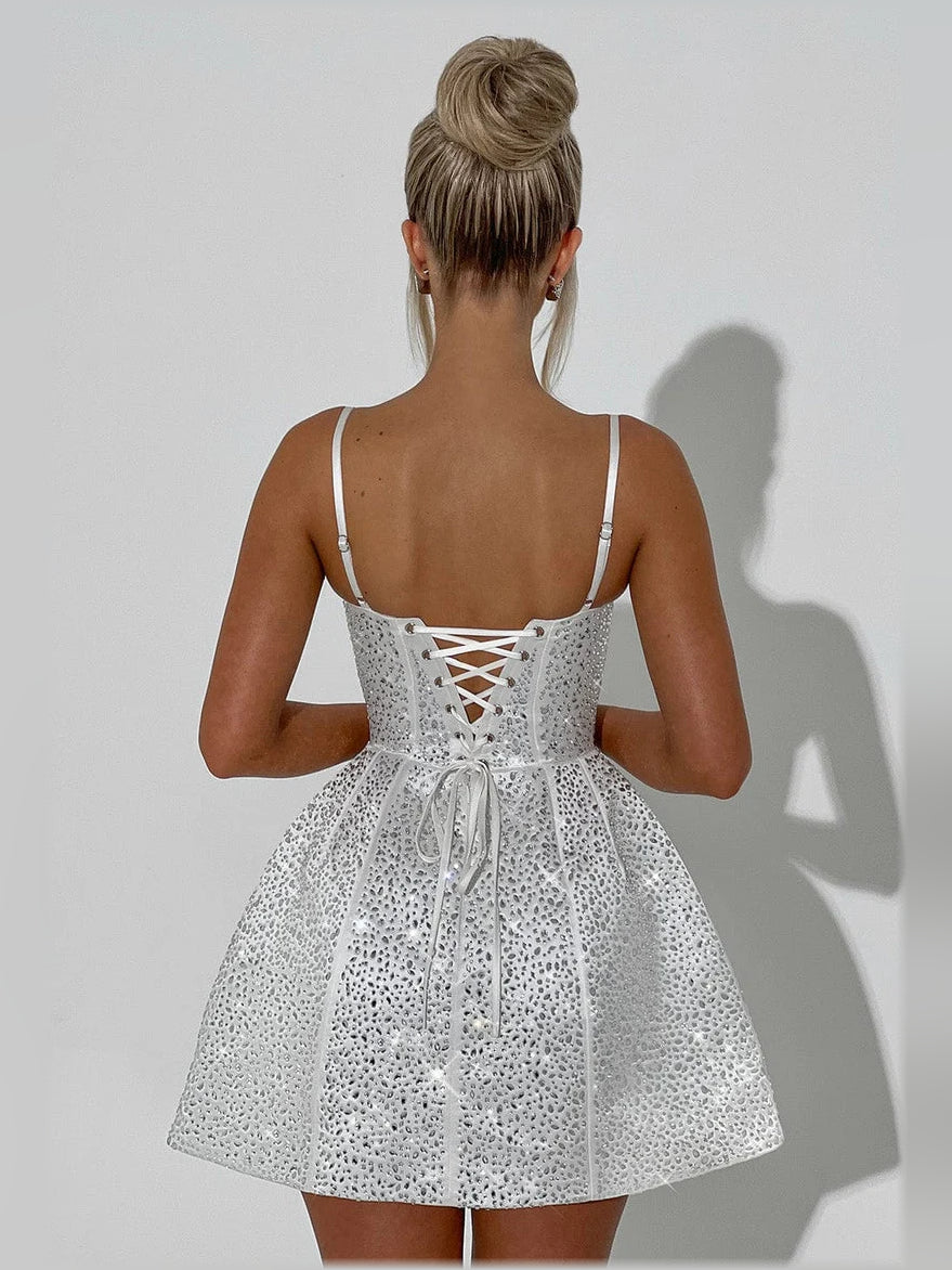 Champagne fit-and-flare mini formal dress with square neckline, alternate view showing the shoulder line