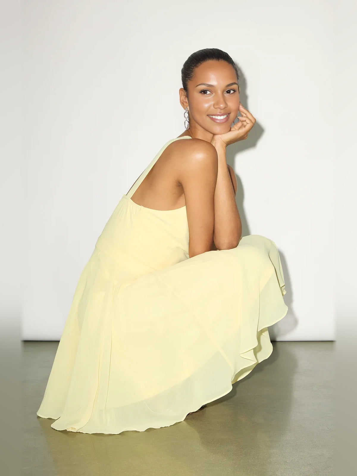 Ivory white mini homecoming dress, alternate view showing the full-length silhouette from another angle