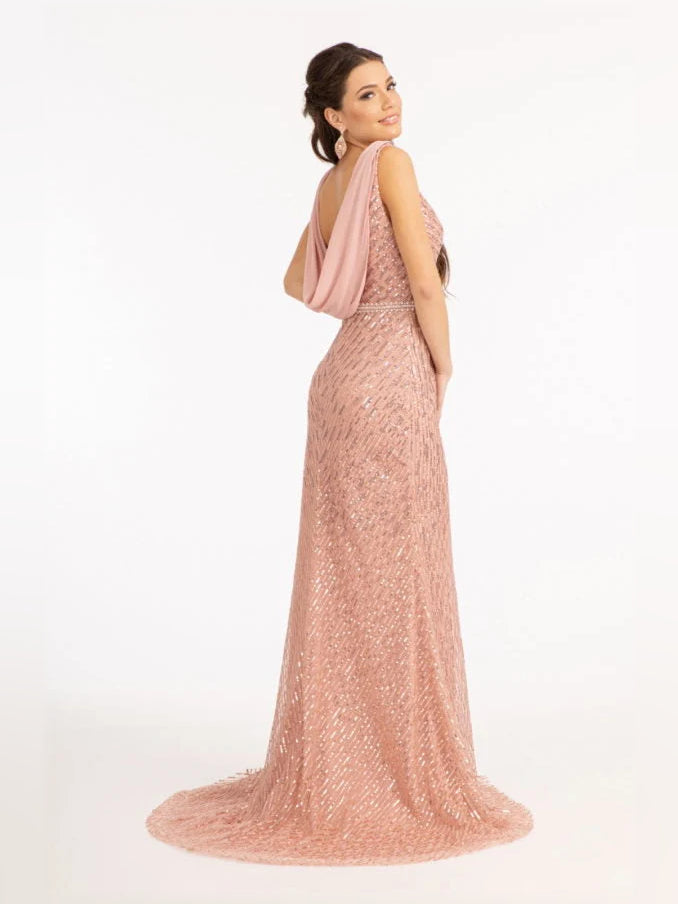 Champagne column floor-length formal dress with ruching, alternate view showing the shoulder line