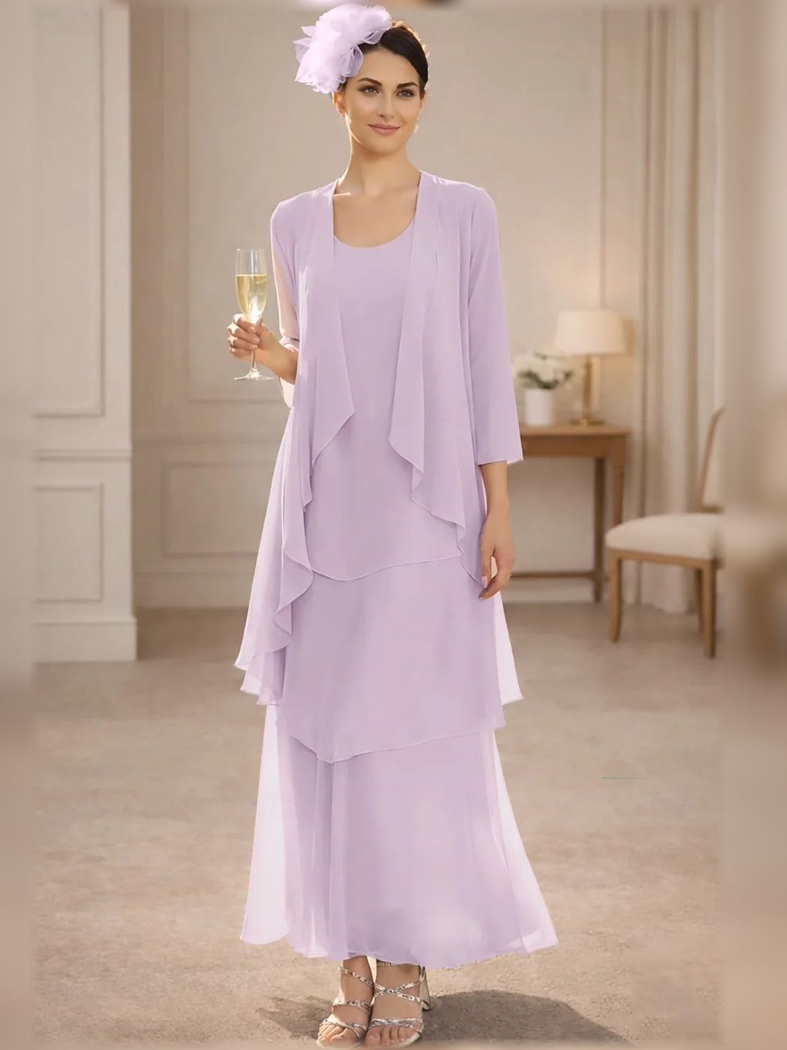 Lavender maxi mother of the bride dress, alternate view showing the full-length silhouette