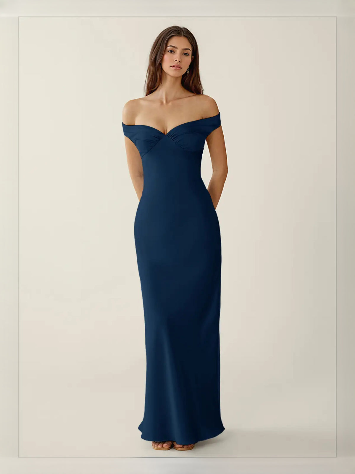 Navy Blue maxi prom dress, back view showing the rear of the dress