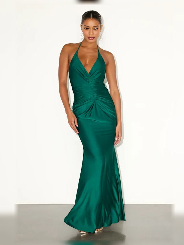 Emerald Green mermaid floor-length formal dress with ruching, alternate view