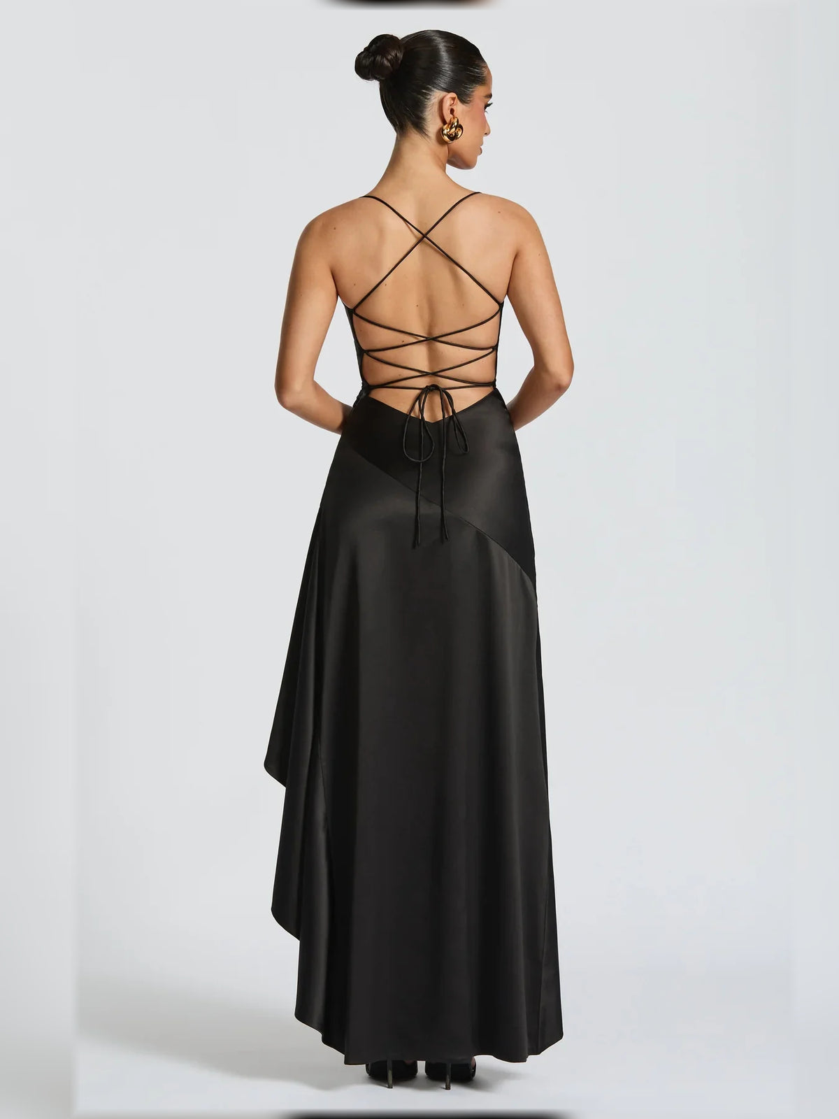 Navy Blue sheath floor-length formal dress with skirt slit, alternate view showing the shoulder line