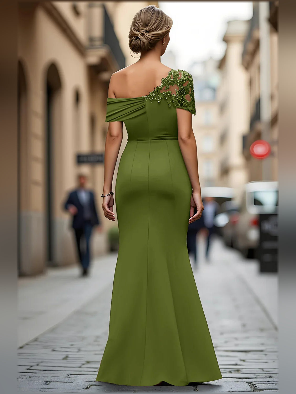 Dark Green mermaid floor-length formal dress with ruching, alternate view showing the shoulder line