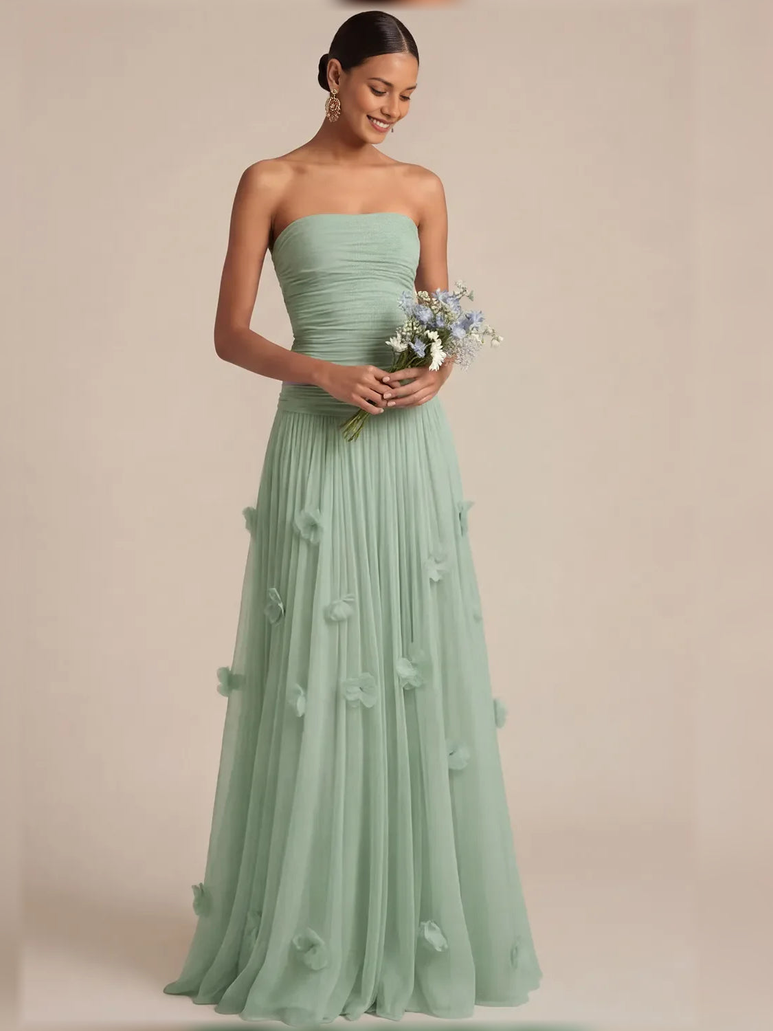 Dusty Sage a-line floor-length formal dress with ruching, alternate view