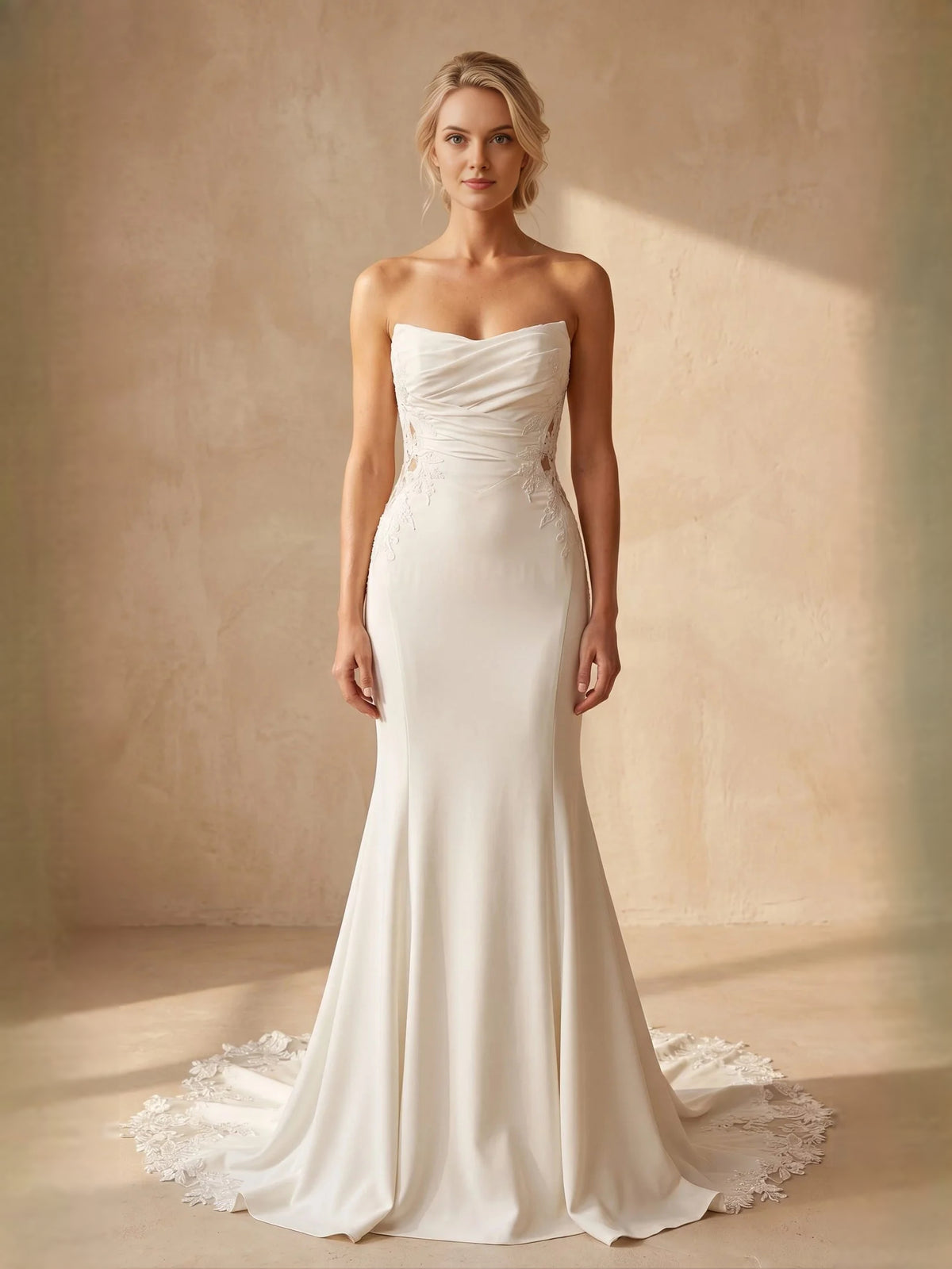 Ivory floor-length wedding dress, alternate view showing the full-length silhouette