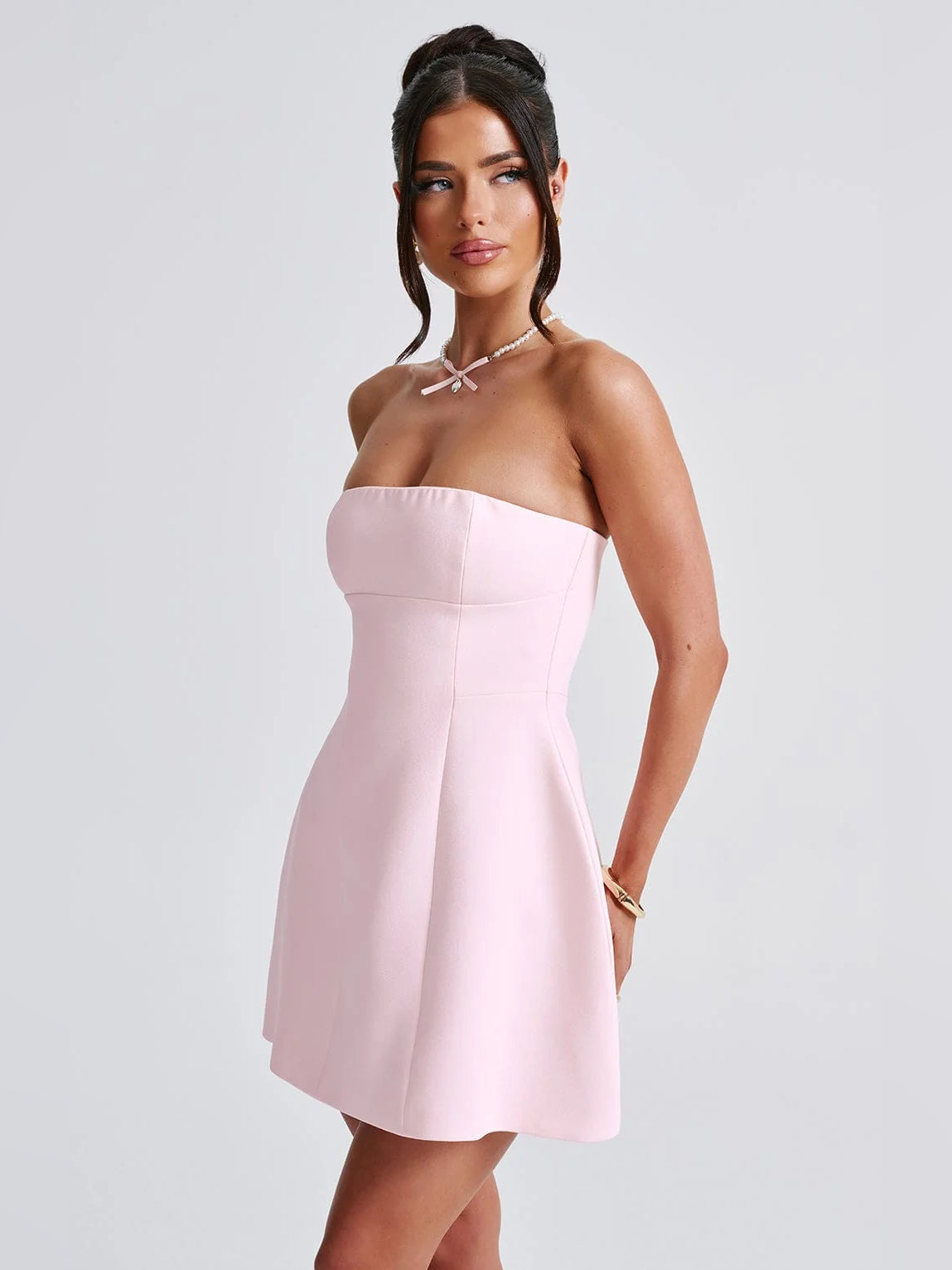 Blush mini homecoming dress, alternate view showing the full-length silhouette