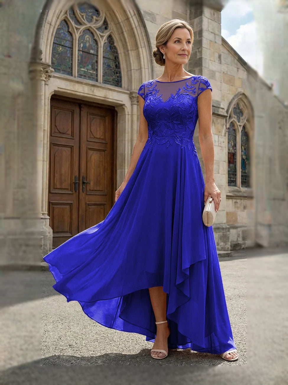 Navy high-low mother of the bride dress, alternate view showing the full-length silhouette