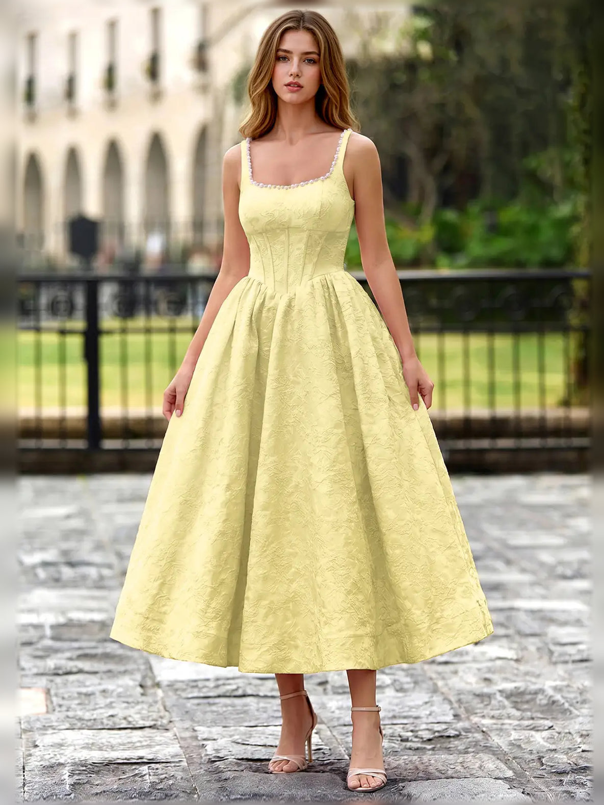 Lemon fit-and-flare tea-length formal dress with corset-style bodice, alternate view