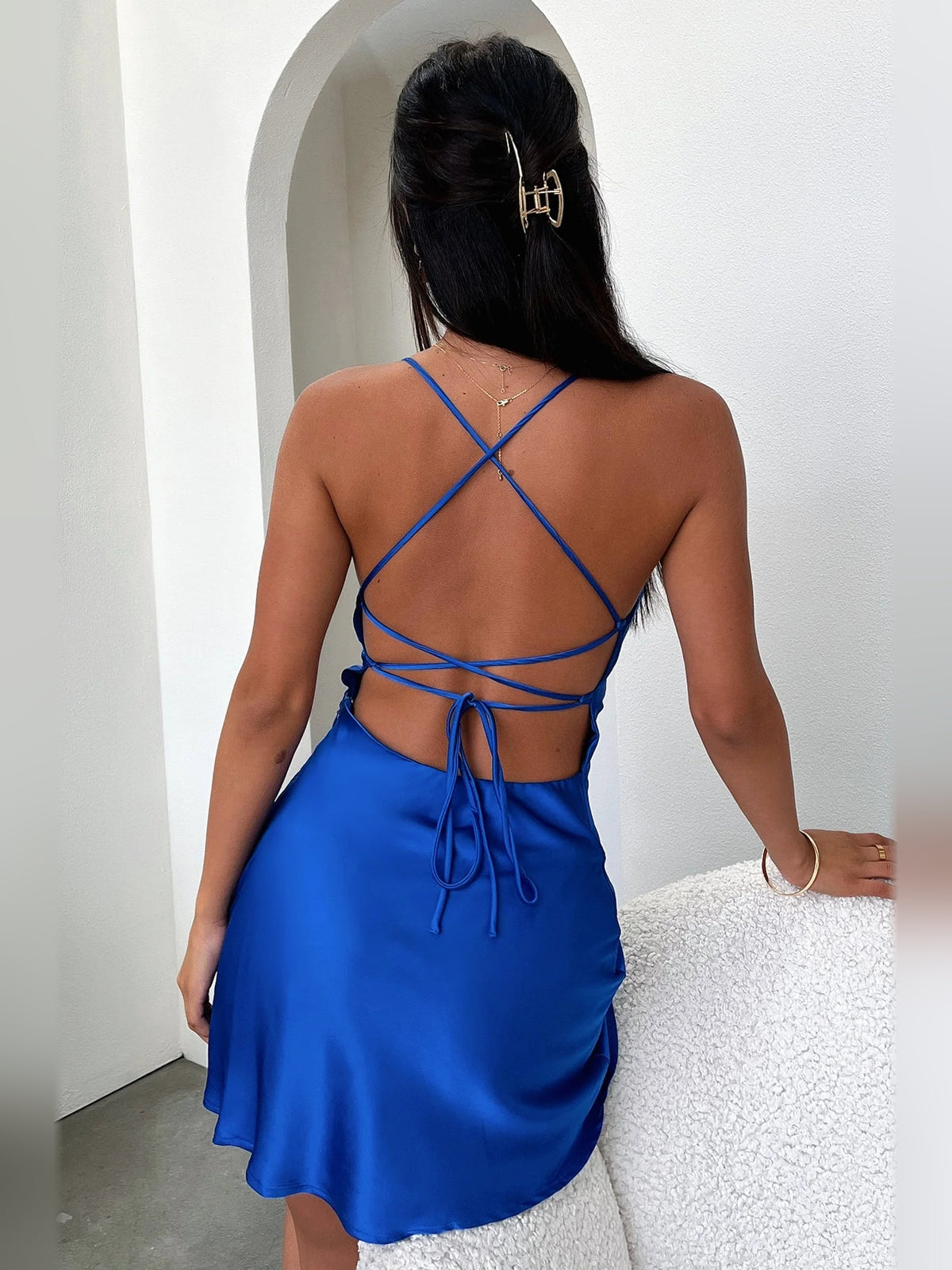 Ivory white mini homecoming dress, alternate view showing the full-length silhouette from another angle