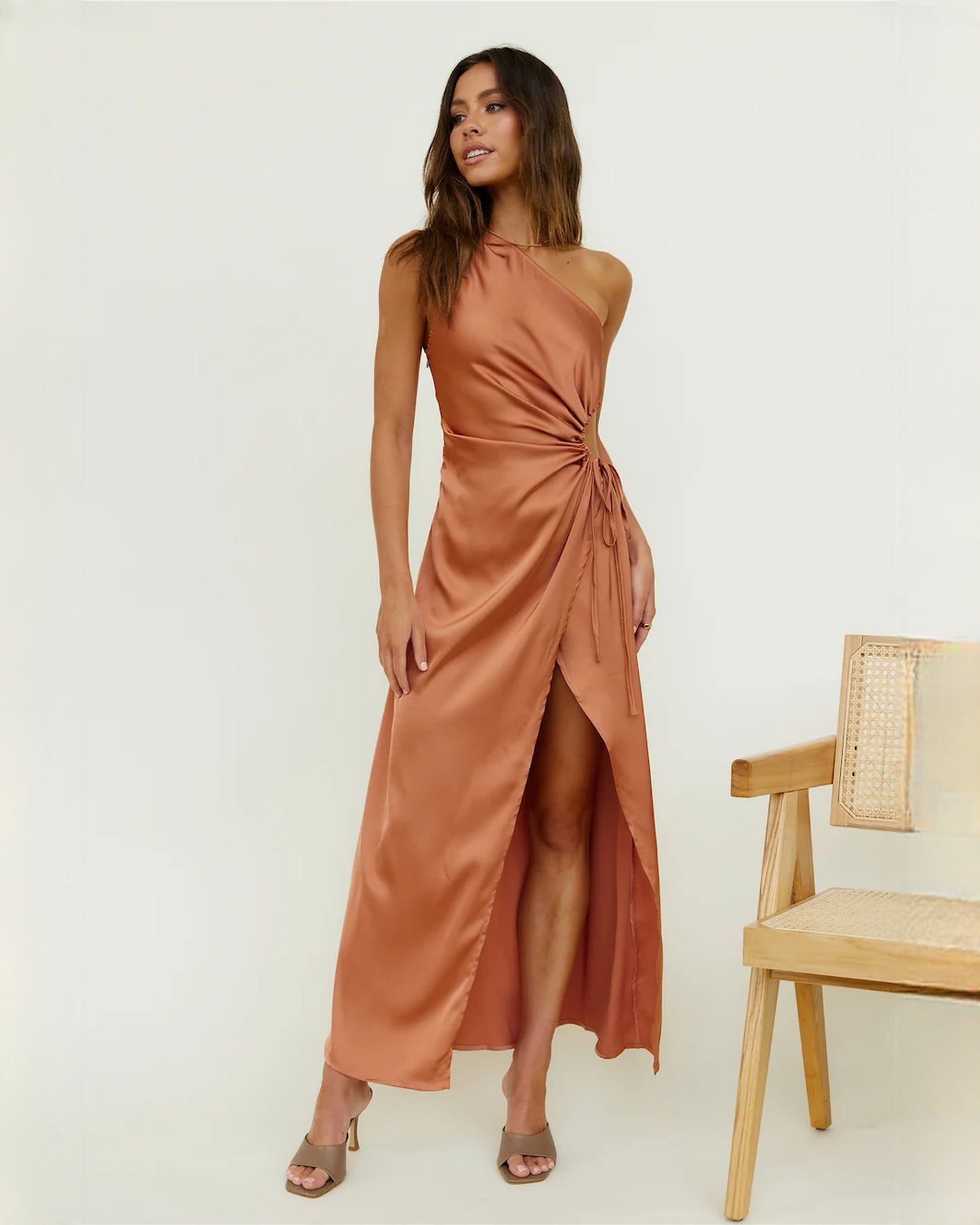 sleeveless satin a-line maxi bridesmaid dress - image 7