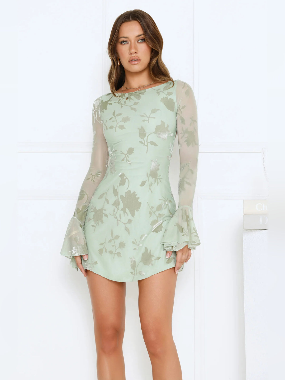 Sage mini homecoming dress, alternate view showing the full-length silhouette