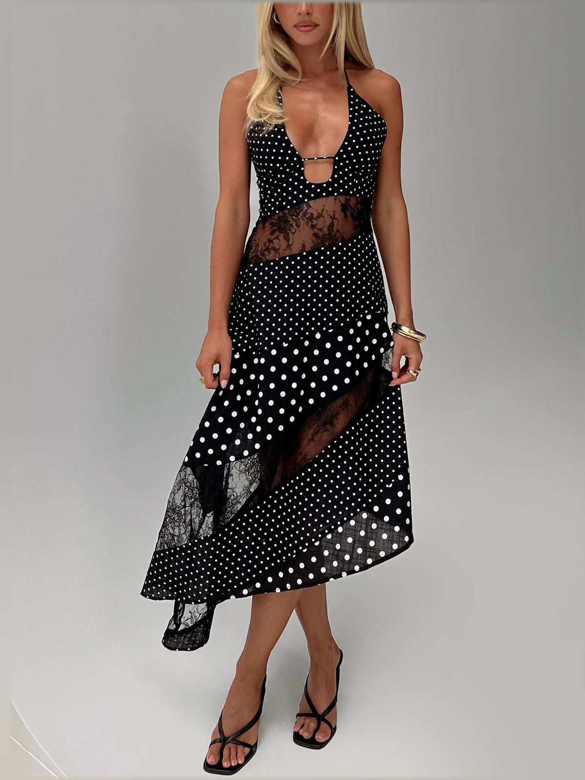 Polka Dot midi formal dress with printed pattern, alternate view showing the shoulder line