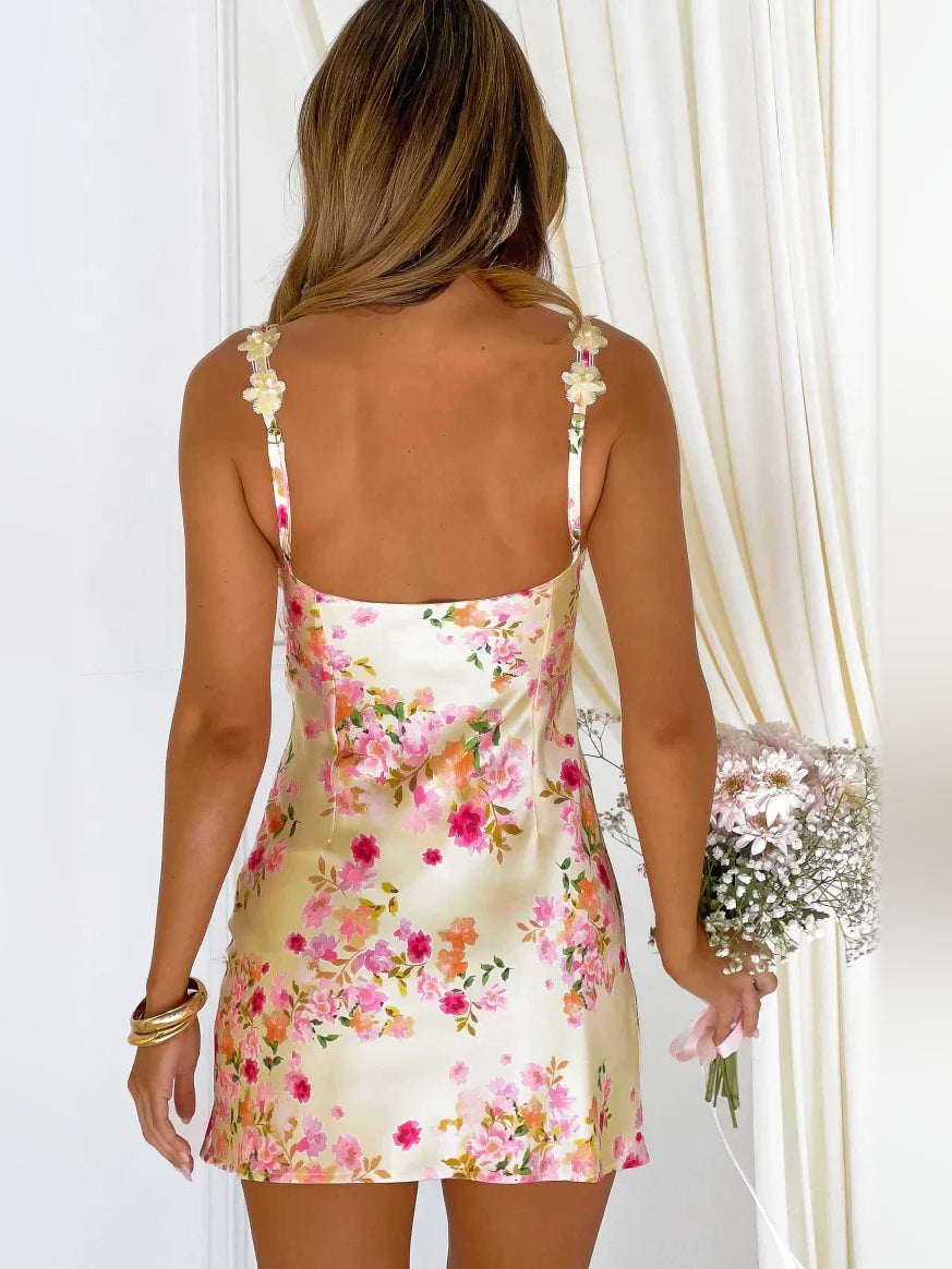 Gold mini homecoming dress, alternate view showing the full-length silhouette from another angle
