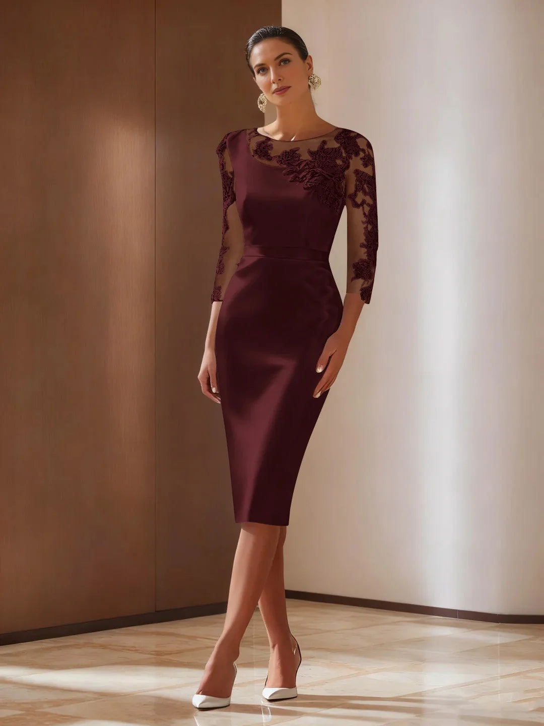Deep Red midi mother of the bride dress, alternate view showing the full-length silhouette