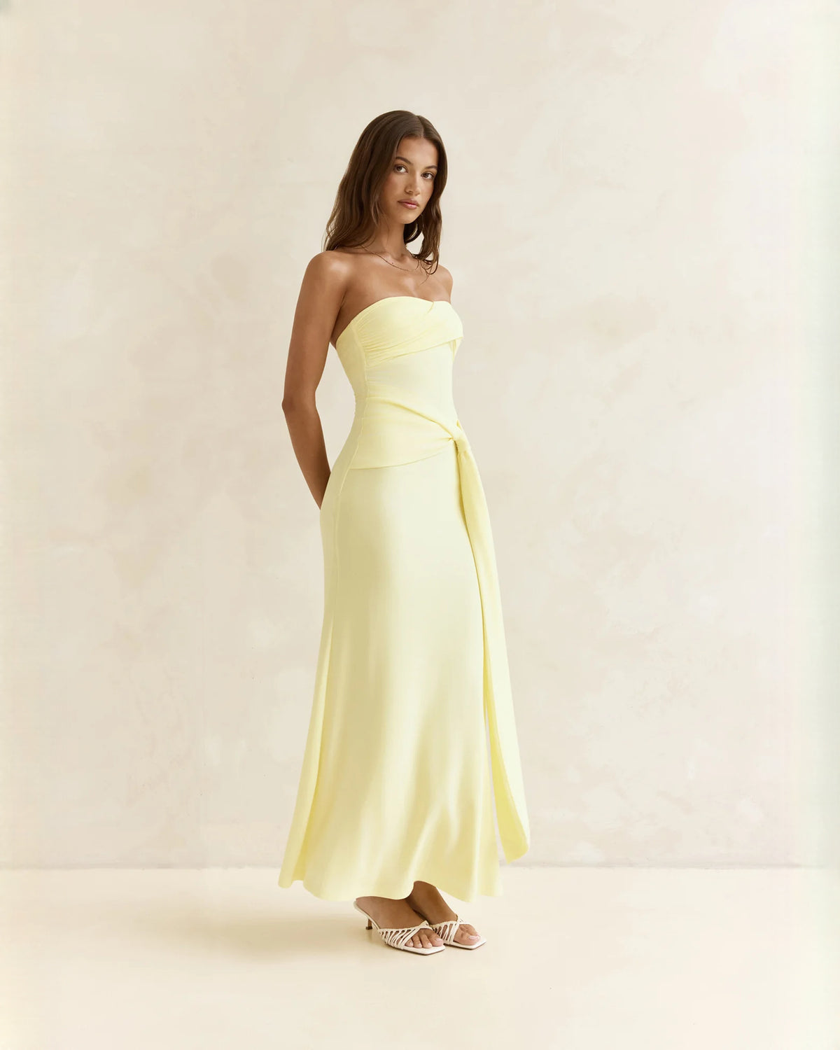 strapless satin a-line maxi bridesmaid dress - image 7