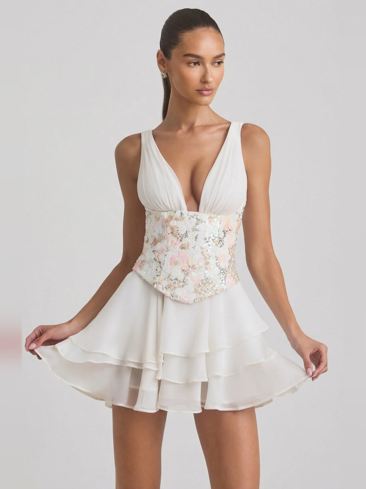 Ivory mini homecoming dress, alternate view showing the full-length silhouette