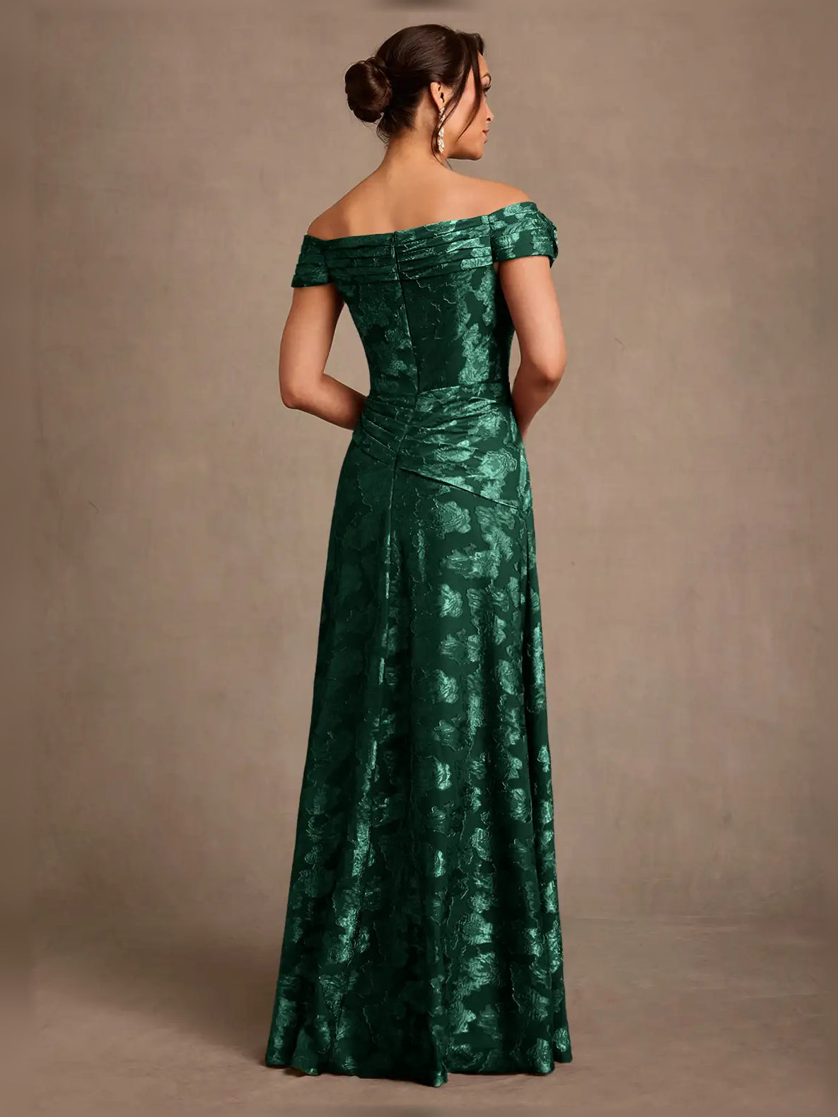 Espresso maxi mother of the bride dress, alternate view showing the full-length silhouette