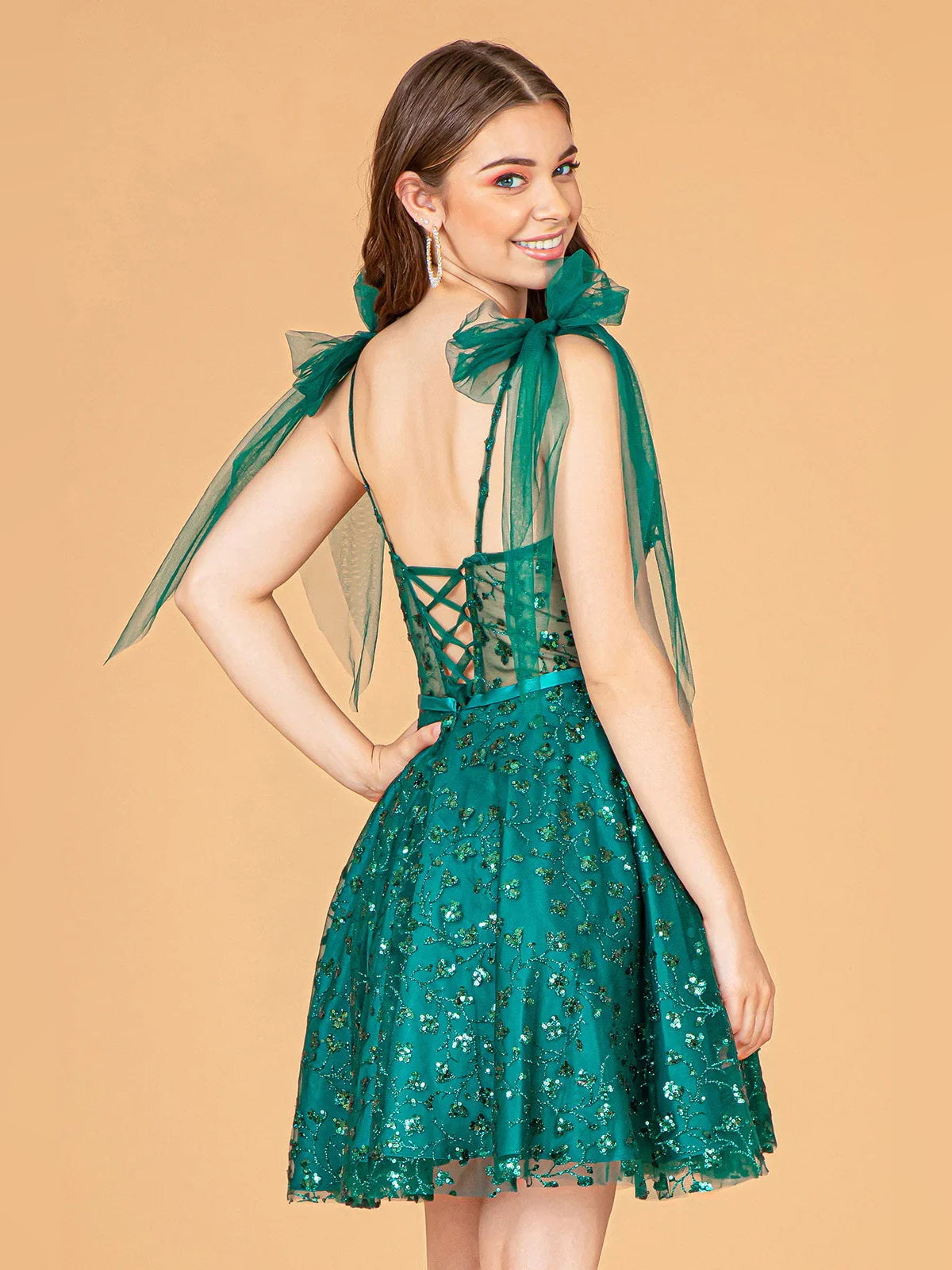 Champagne mini homecoming dress, alternate view showing the full-length silhouette from another angle