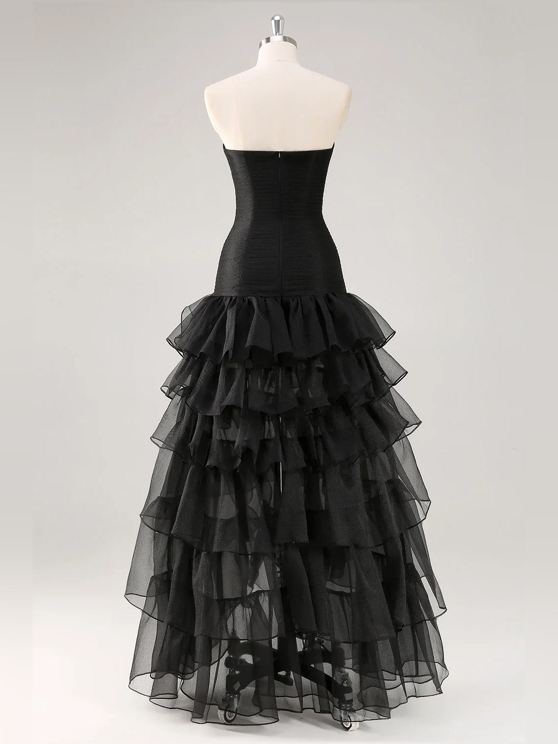 Black high-low prom dress, alternate view showing the full-length silhouette