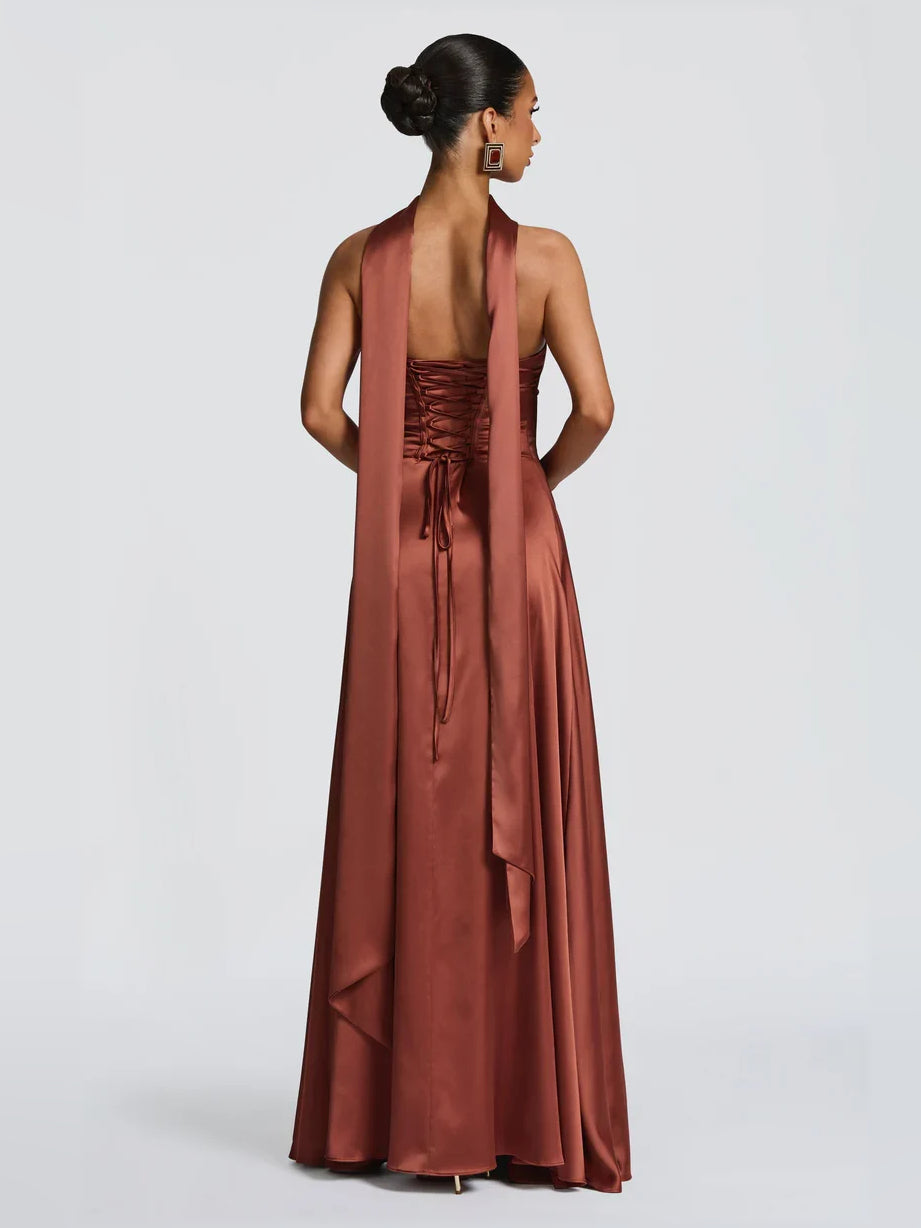 Olive Green a-line floor-length formal dress with draping, alternate view showing the shoulder line