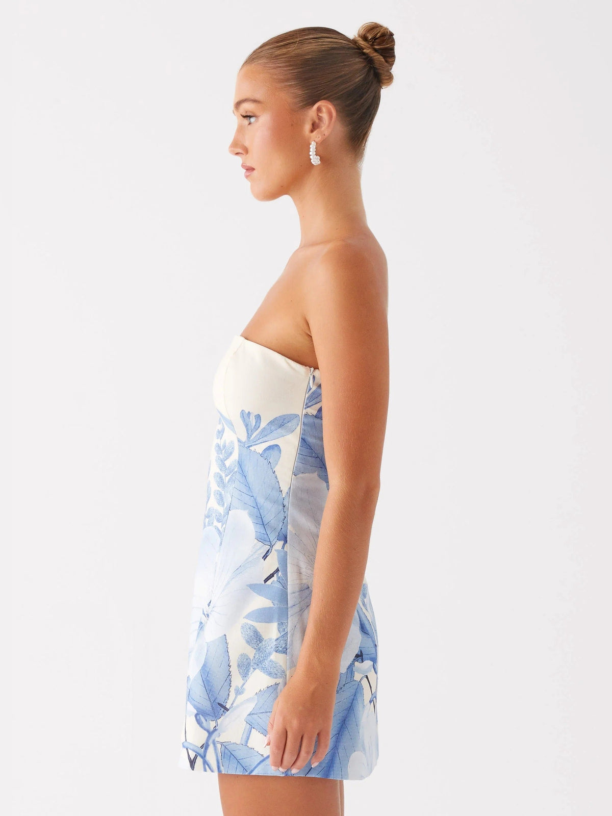 Blue Floral mini homecoming dress, alternate view showing the full-length silhouette