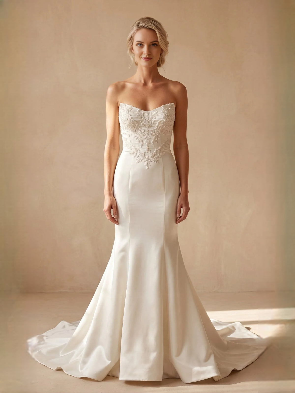 Ivory floor-length wedding dress, alternate view showing the full-length silhouette