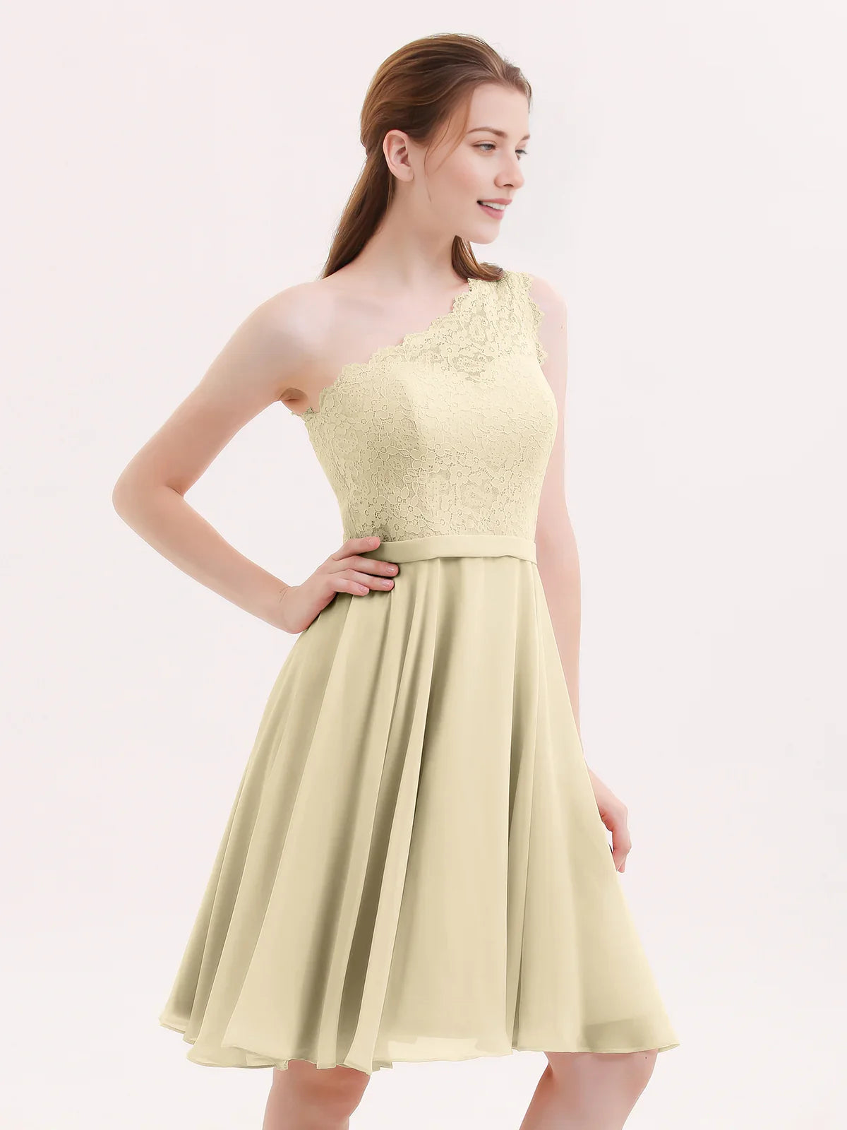 Champagne short homecoming dress, alternate view showing the full-length silhouette
