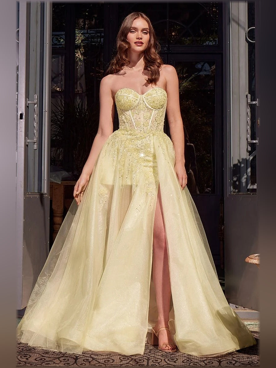 Yellow a-line floor-length formal dress with skirt slit, alternate view