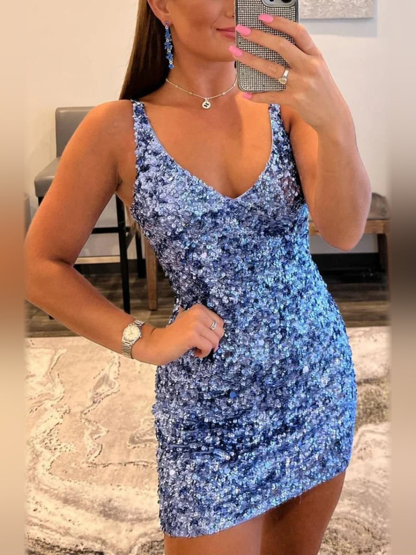 Royal Blue mini homecoming dress, alternate view showing the full-length silhouette from another angle