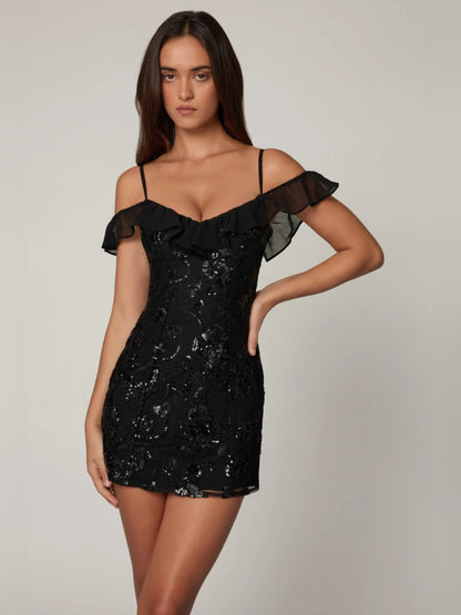 Black mini homecoming dress, alternate view showing the full-length silhouette