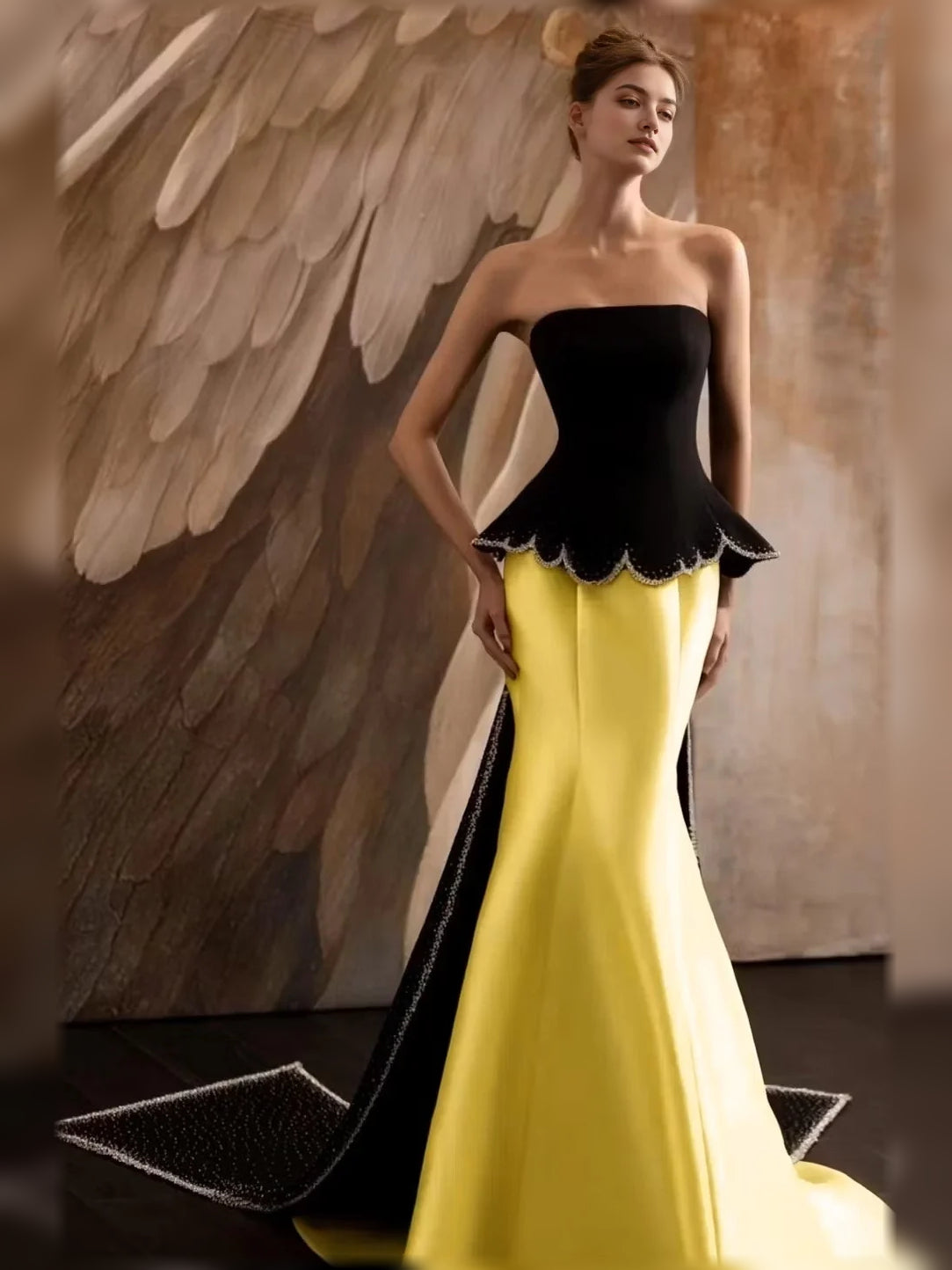 Yellow mermaid floor-length formal dress with color-block panels, alternate view