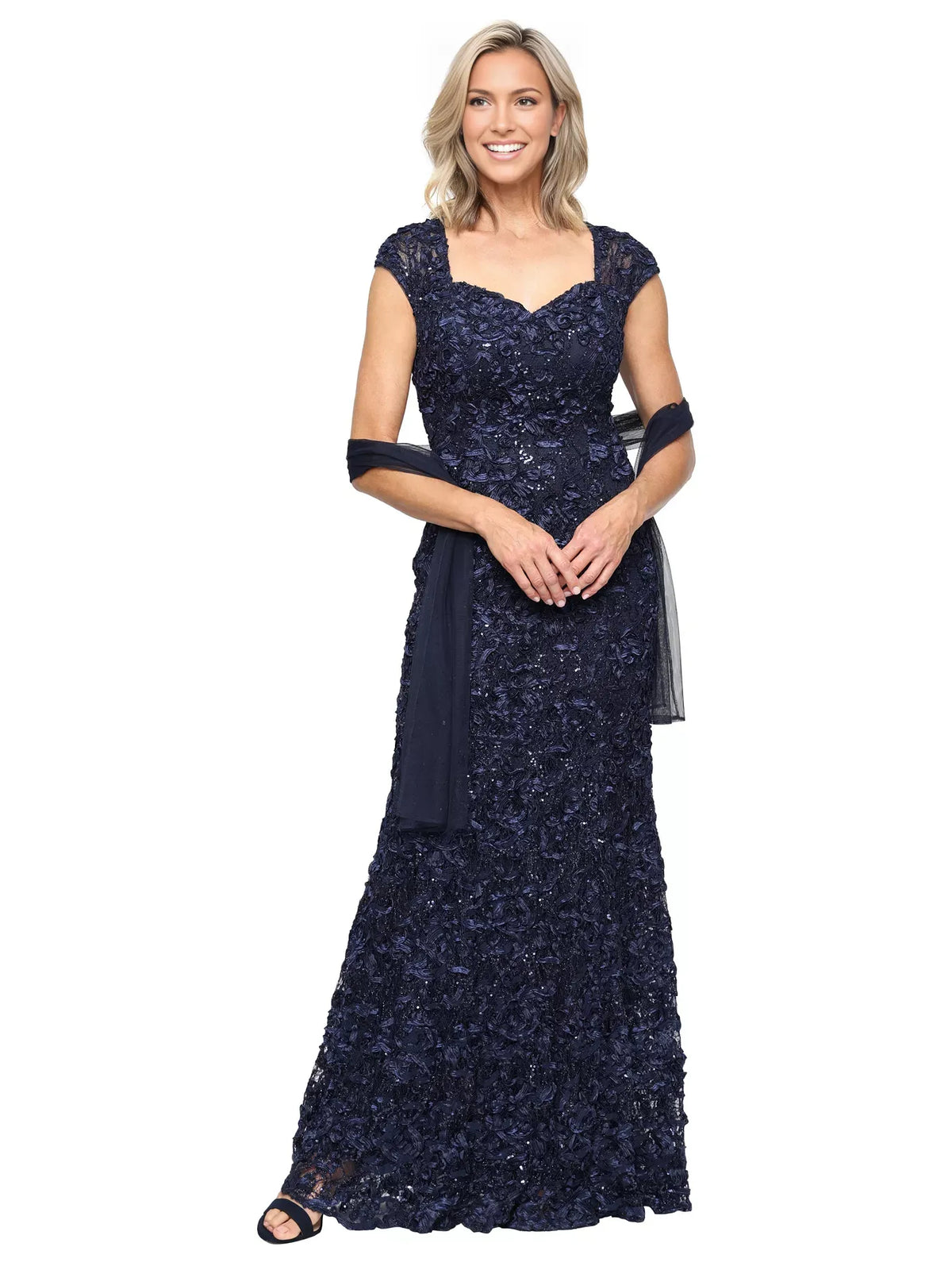 Navy Blue mermaid floor-length formal dress with embroidery, alternate view