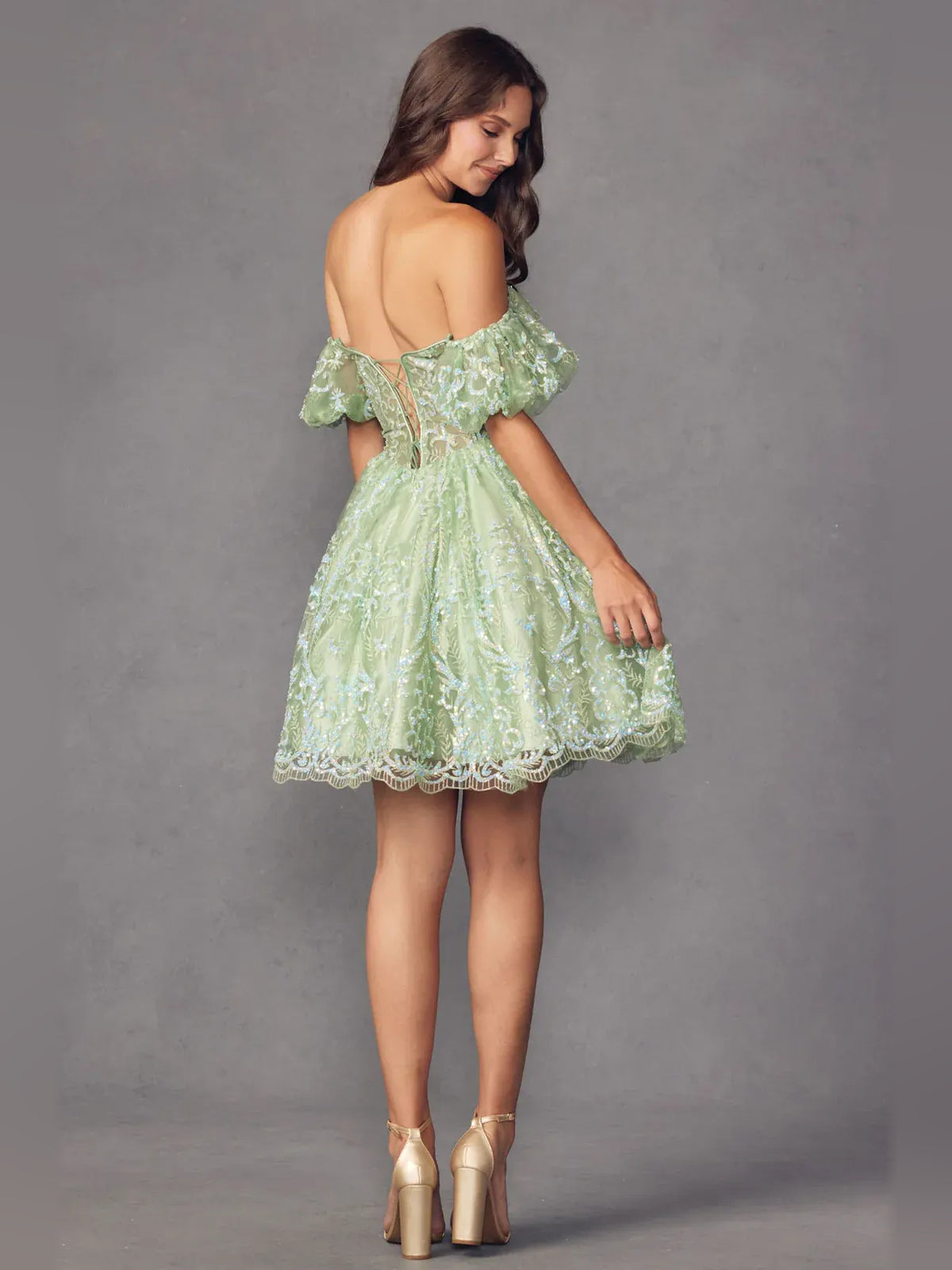 Mint Green short homecoming dress, alternate view showing the full-length silhouette from another angle