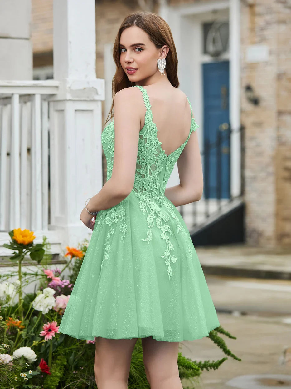 Light Blue mini homecoming dress, alternate view showing the full-length silhouette from another angle