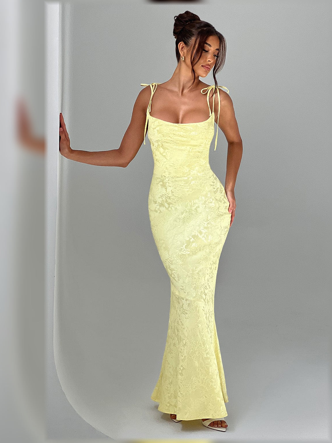Blush Pink mermaid floor-length formal dress with floral print, alternate view showing the shoulder line