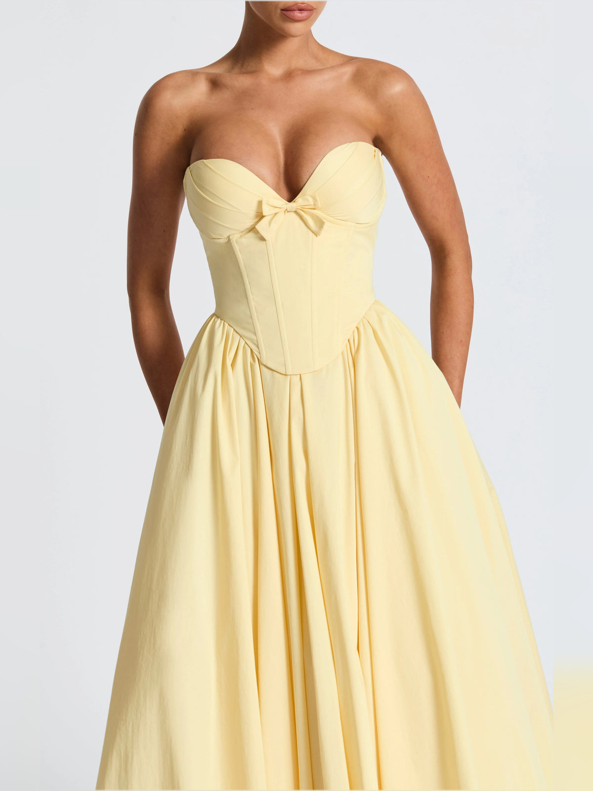 Lemon midi formal dress, alternate view showing the shoulder line