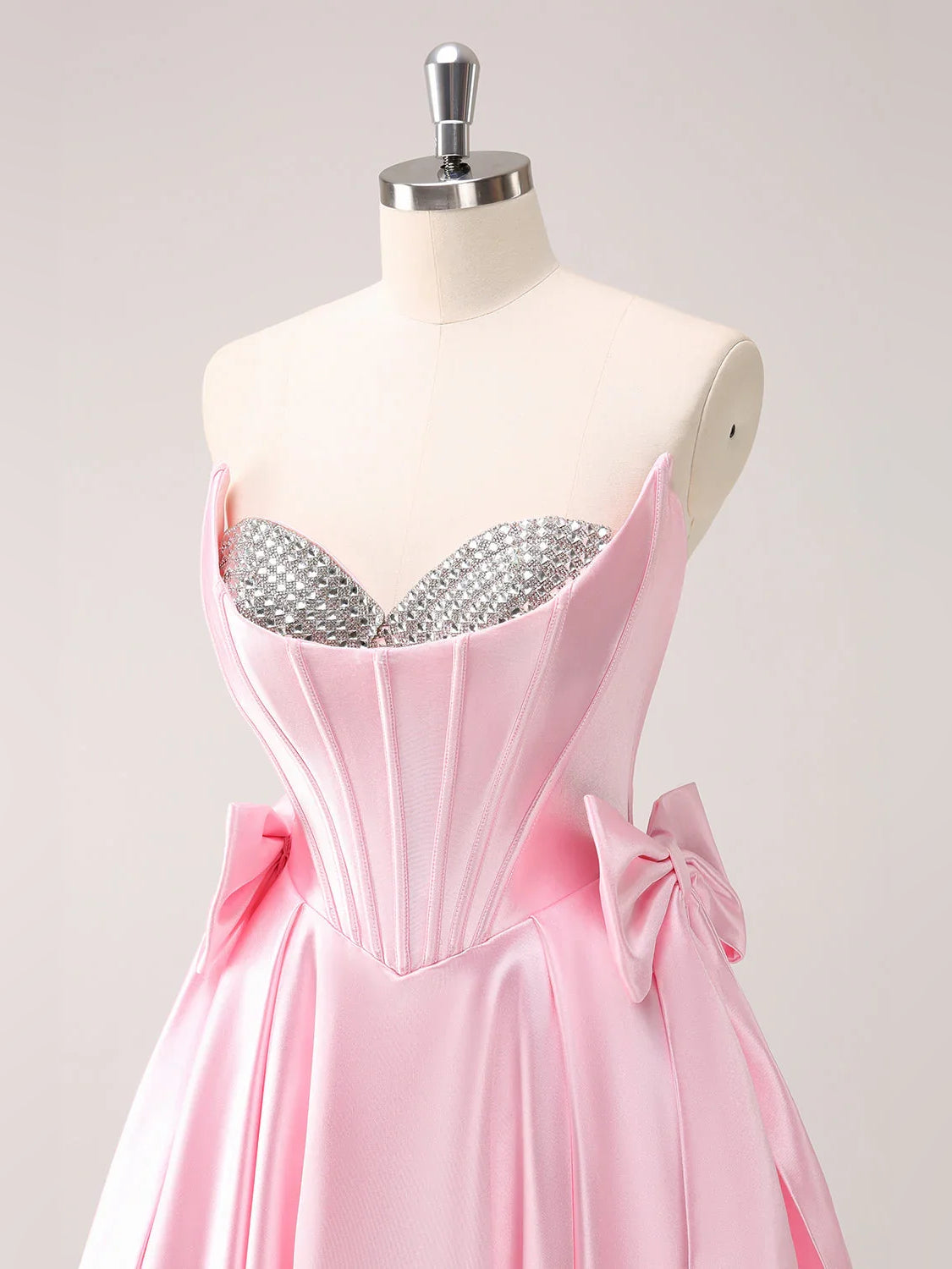 Pink short homecoming dress, alternate view showing the full-length silhouette from another angle