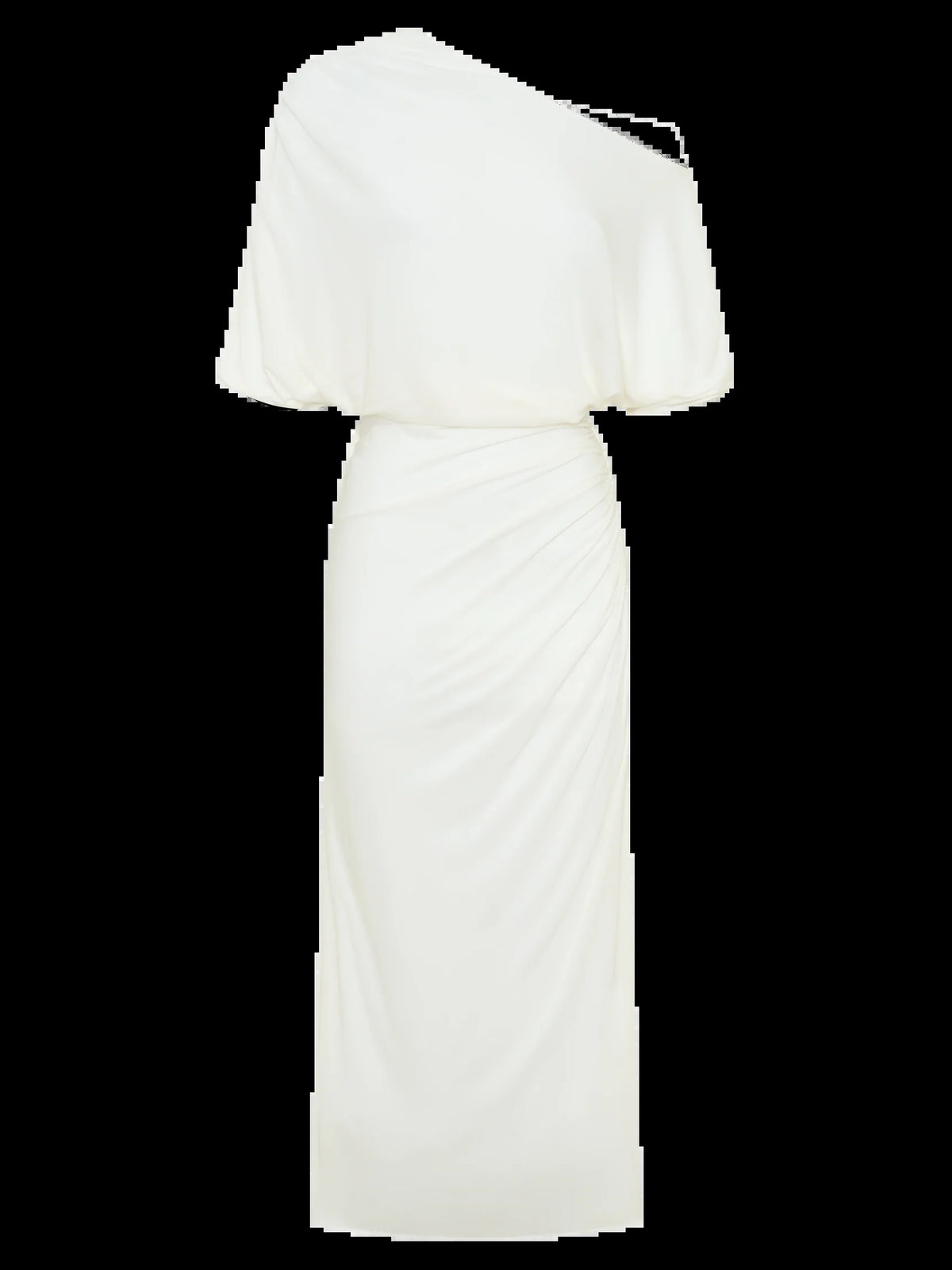 White midi formal dress with draping, alternate view showing the shoulder line