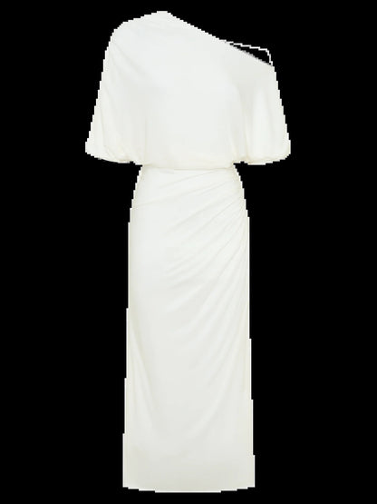 White midi formal dress with draping, alternate view showing the shoulder line