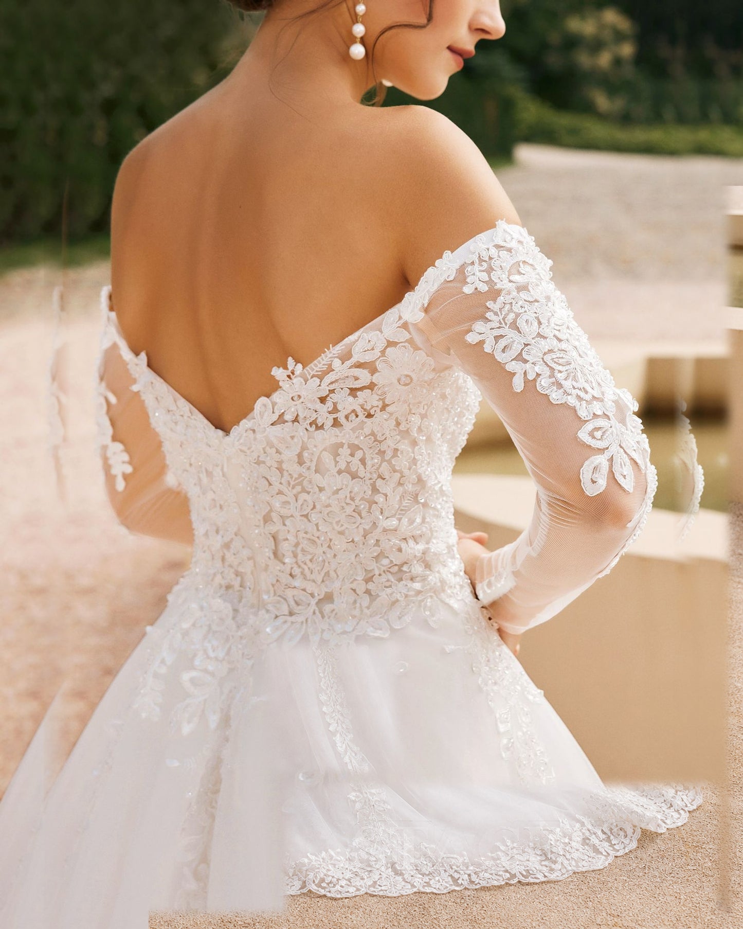 off-shoulder lace sleeve tulle wedding ball gown - image 8