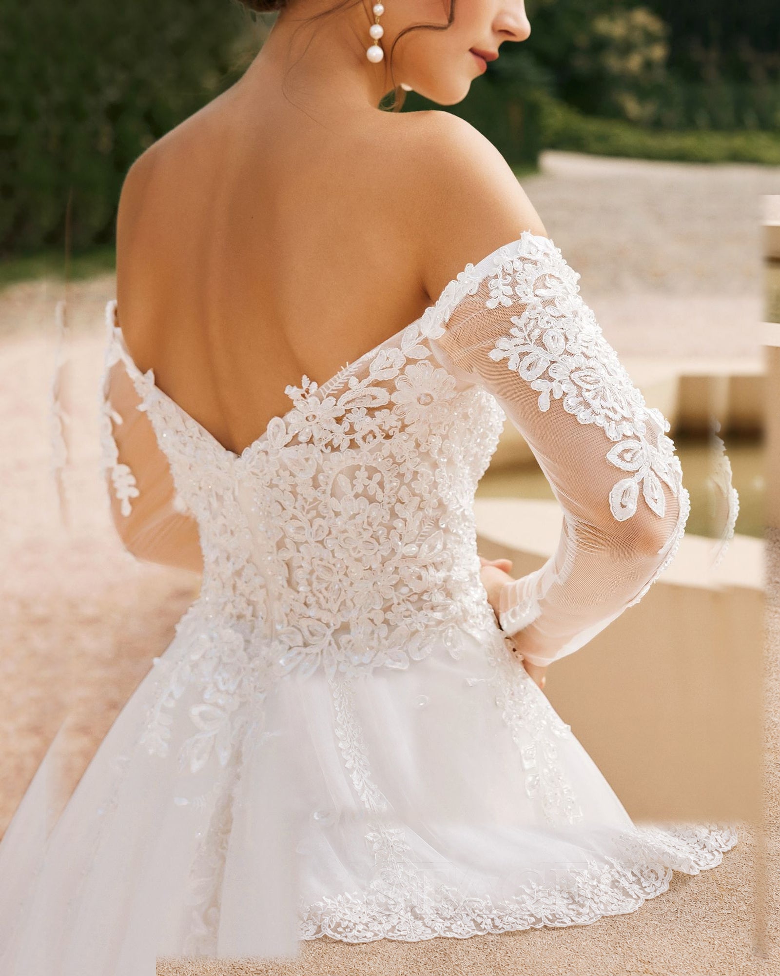 off-shoulder lace sleeve tulle wedding ball gown - image 8