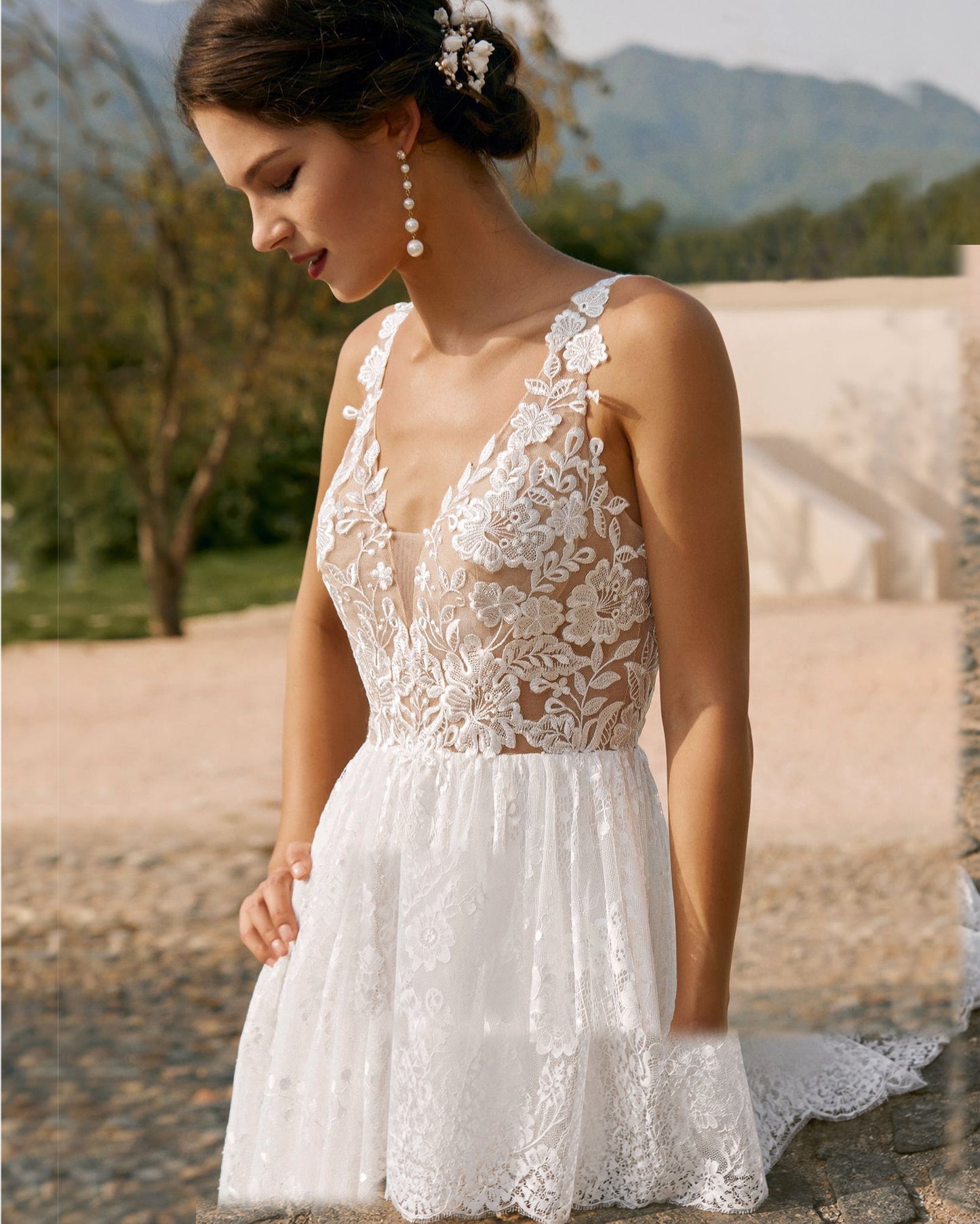 plunging v-neck lace embroidered a-line wedding dress - image 8