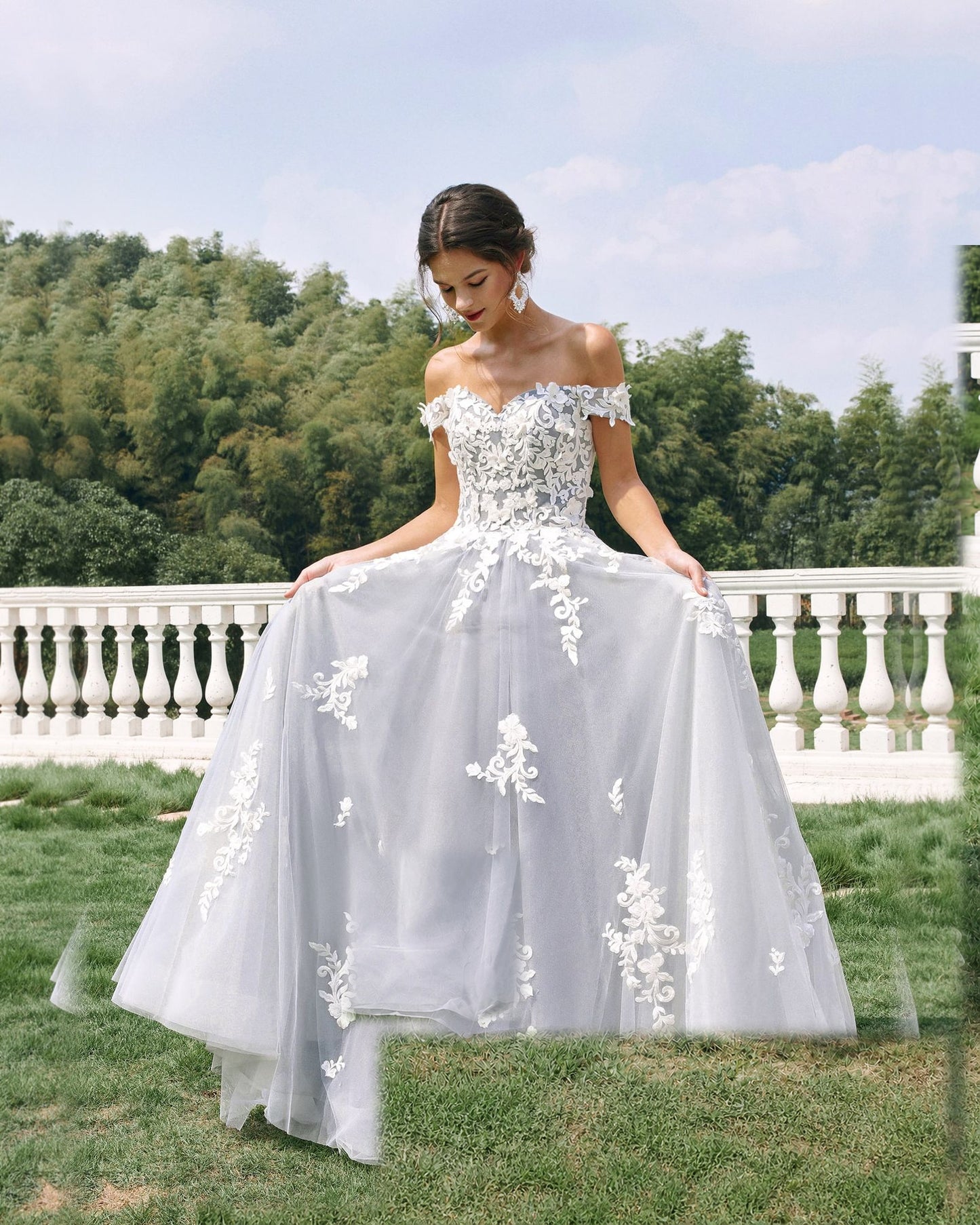 off-shoulder lace applique tulle ball gown wedding dress - image 8