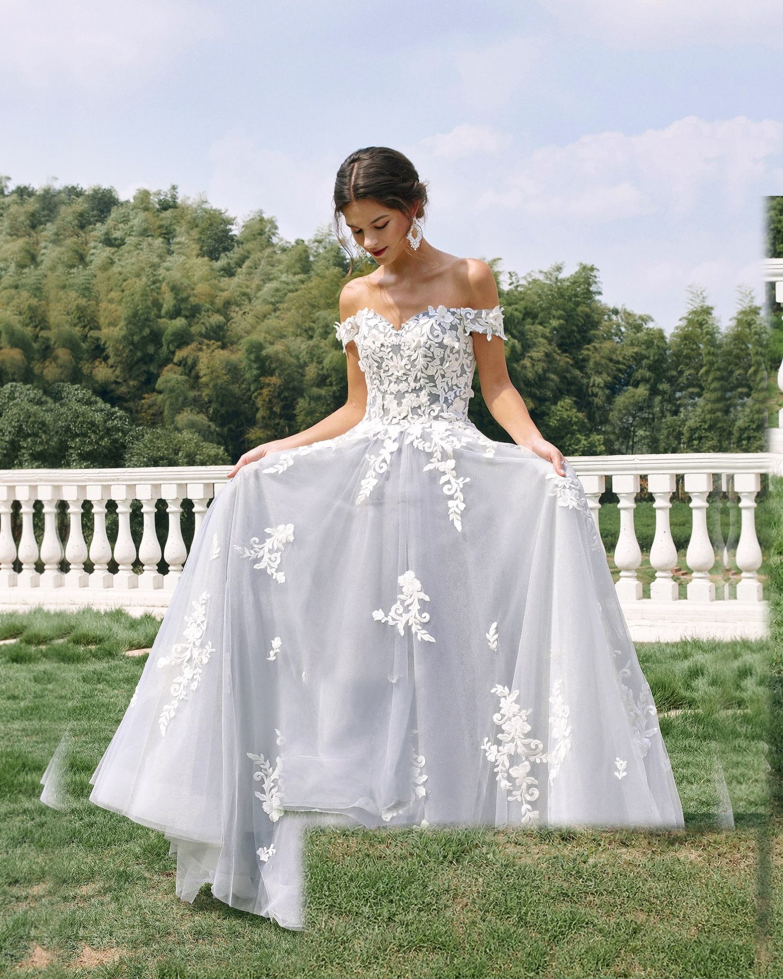 off-shoulder lace applique tulle ball gown wedding dress - image 8