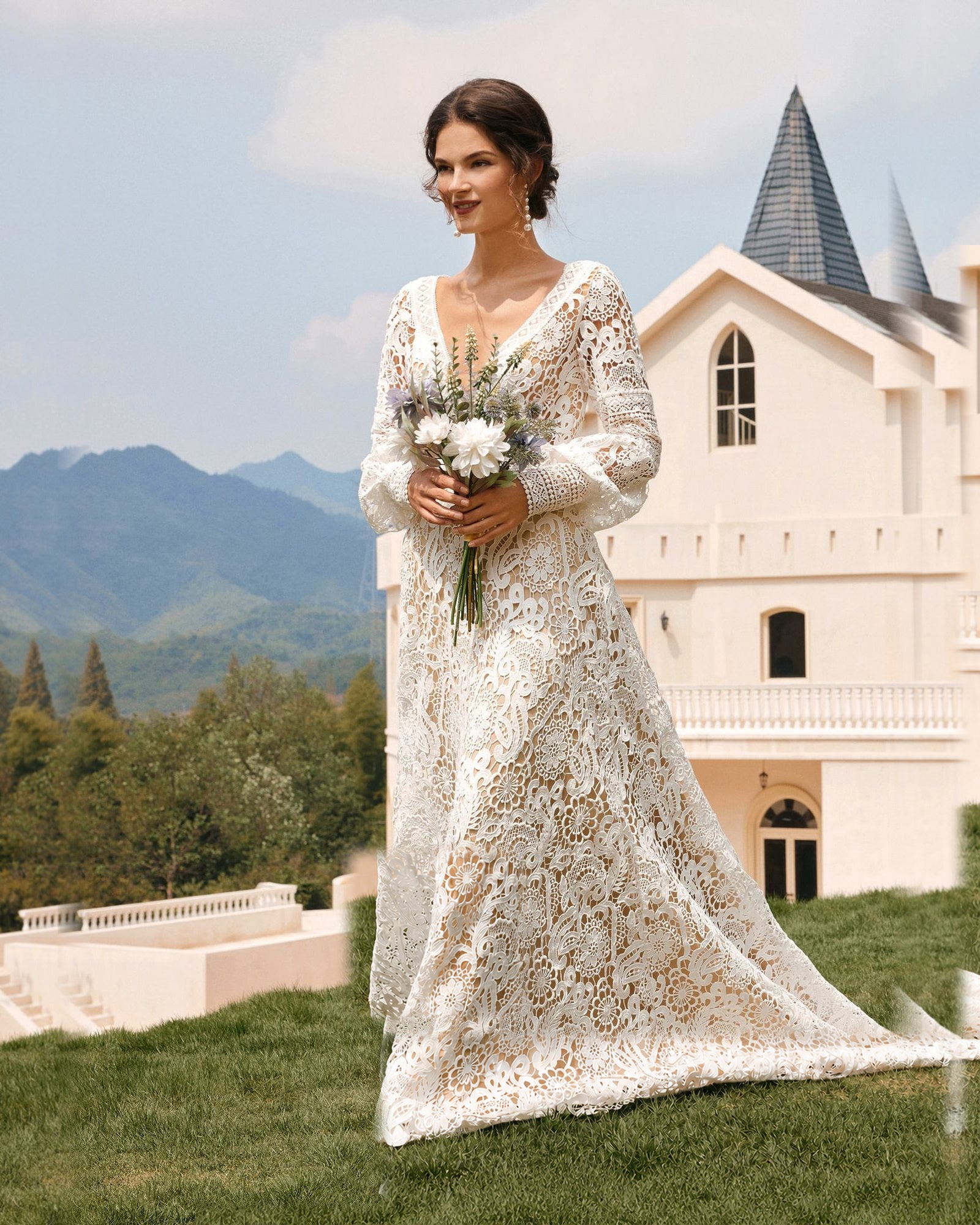 boho bishop sleeve crochet lace wedding dress - image 8